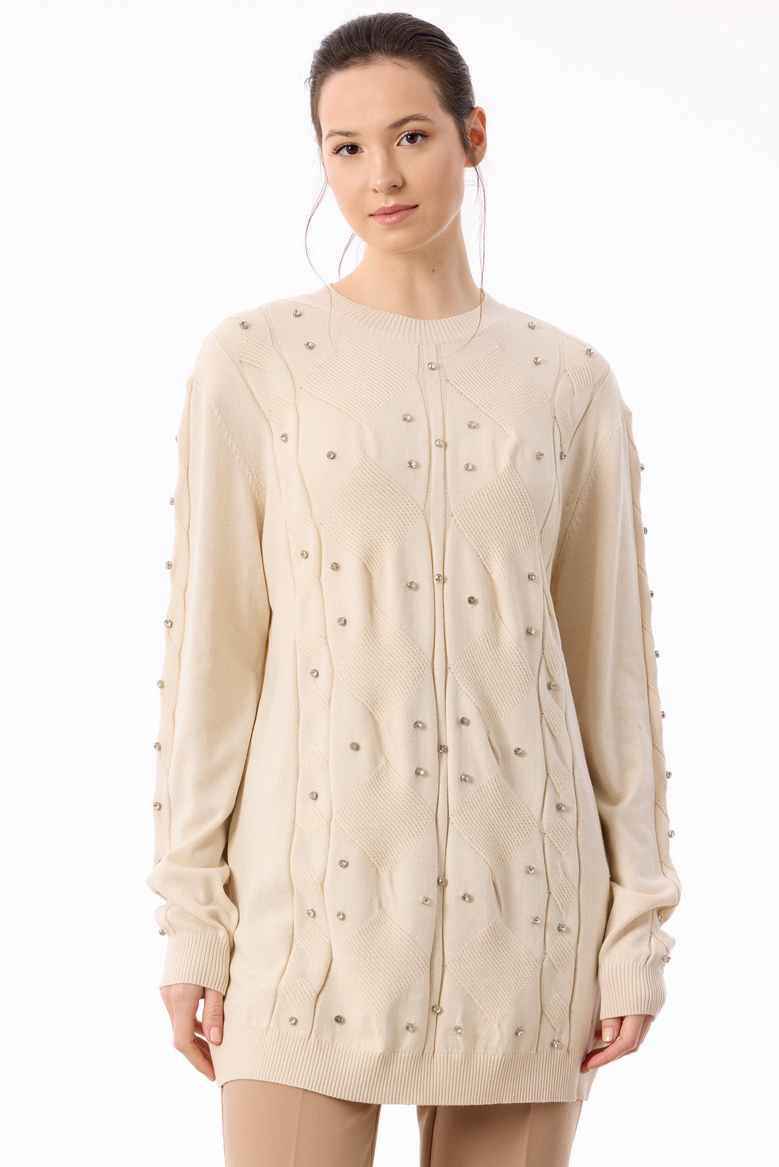 Örgü Detaylı Taşlı Triko Tunik VANİLYA