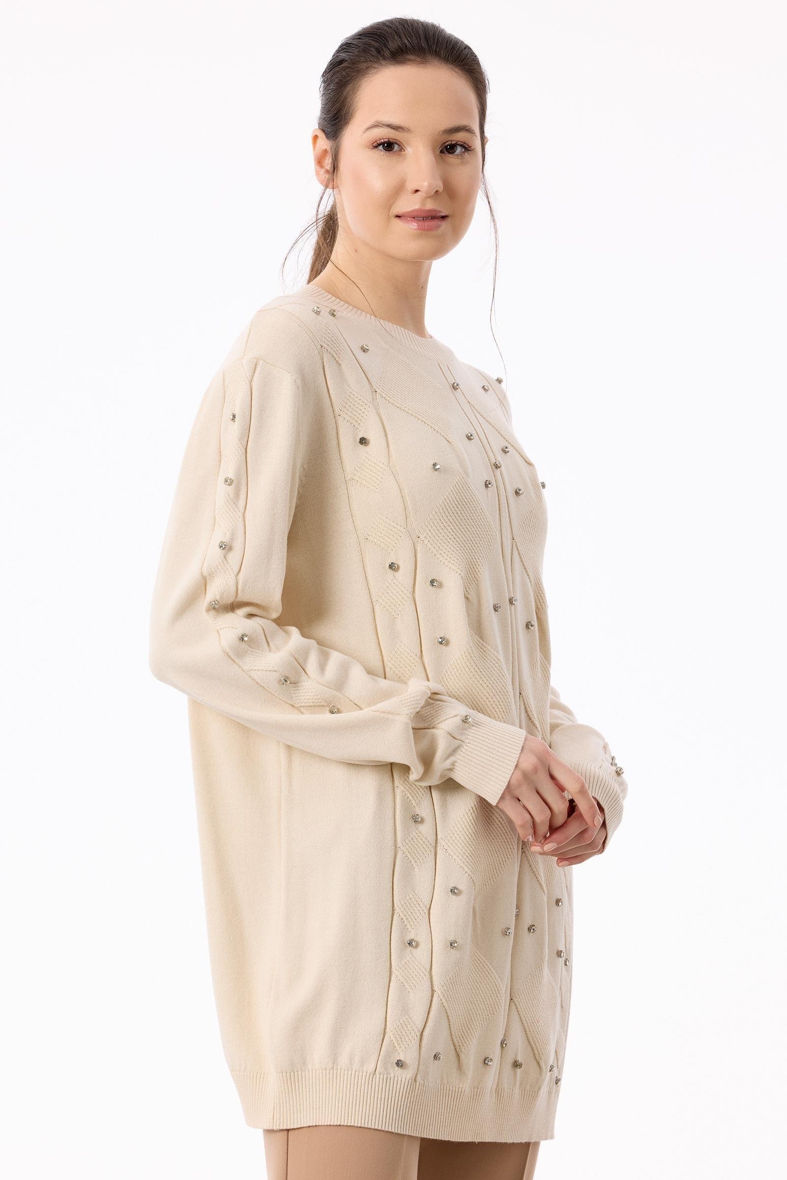 Örgü Detaylı Taşlı Triko Tunik VANİLYA