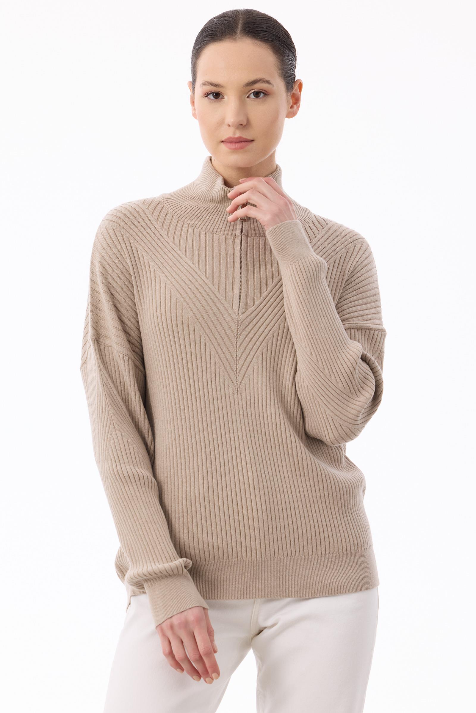 Örgü Detaylı Yüksek Yakalı Triko Bluz BEJ