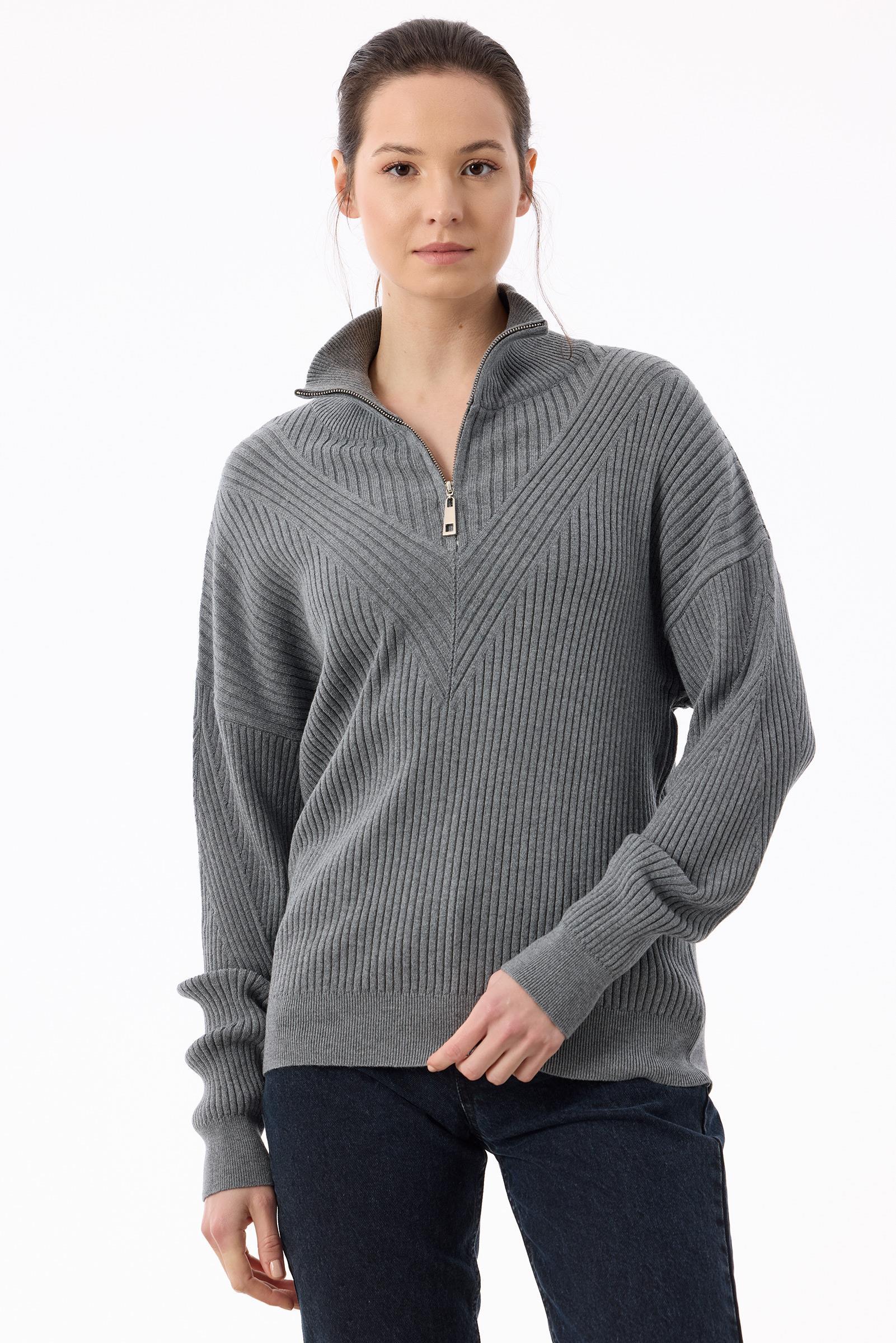 Örgü Detaylı Yüksek Yakalı Triko Bluz GRİ