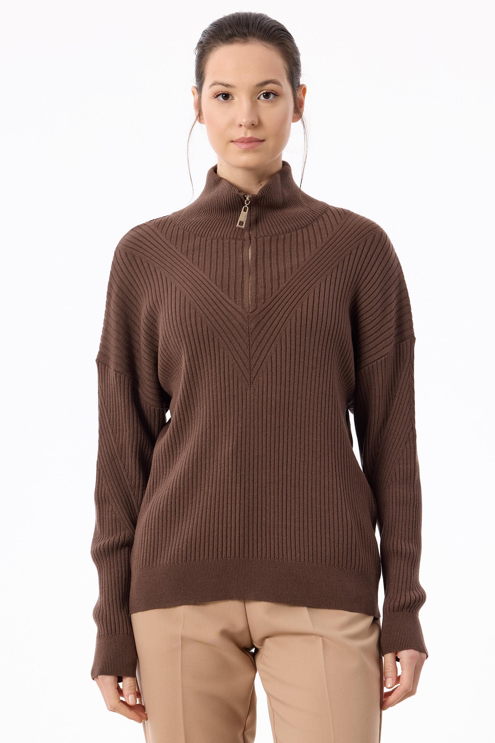 Örgü Detaylı Yüksek Yakalı Triko Bluz KAHVE