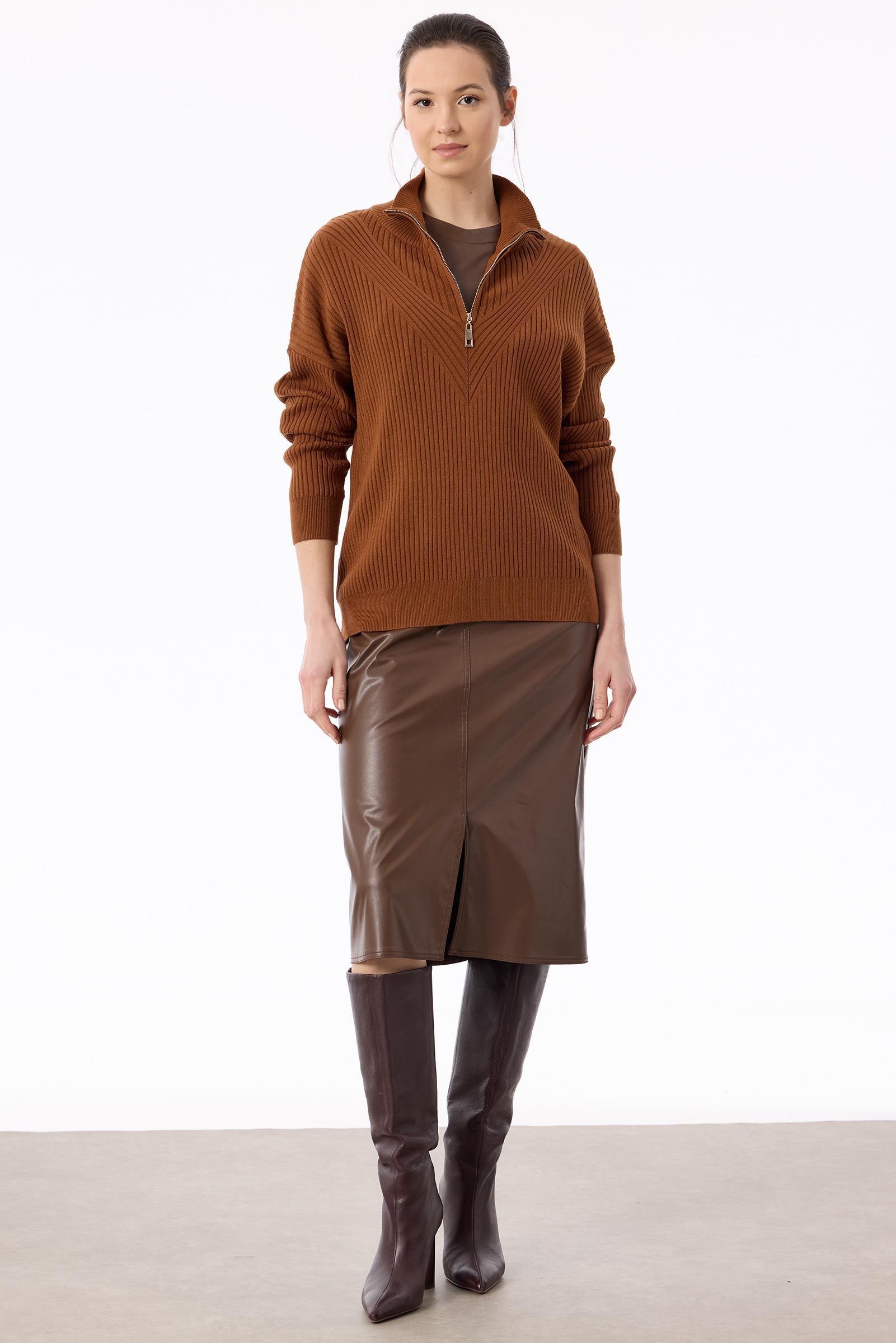 Örgü Detaylı Yüksek Yakalı Triko Bluz KİREMİT