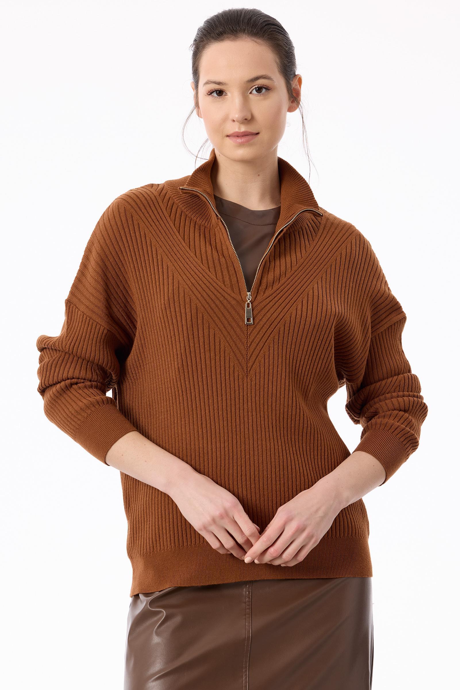 Örgü Detaylı Yüksek Yakalı Triko Bluz KİREMİT