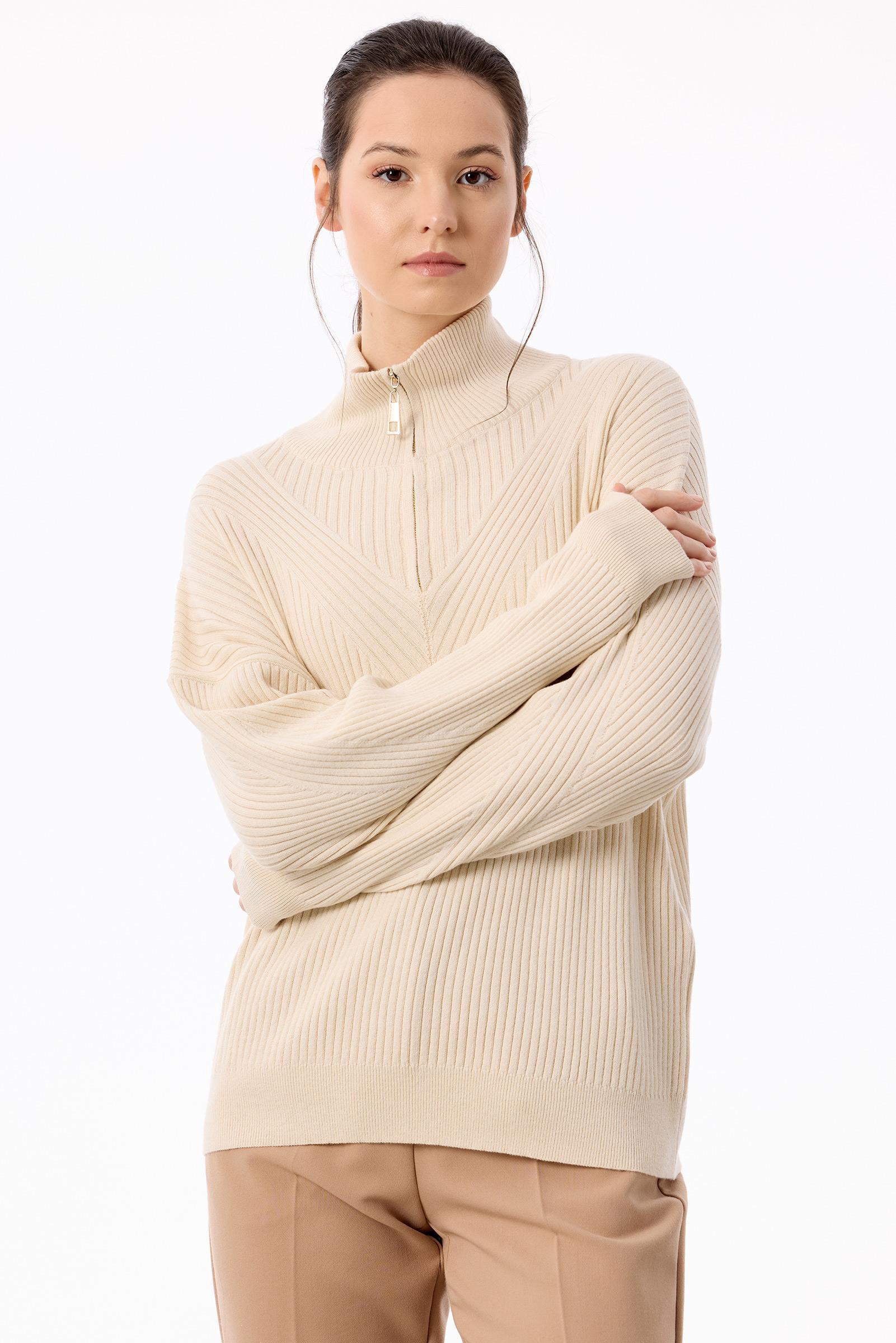 Örgü Detaylı Yüksek Yakalı Triko Bluz VANİLYA