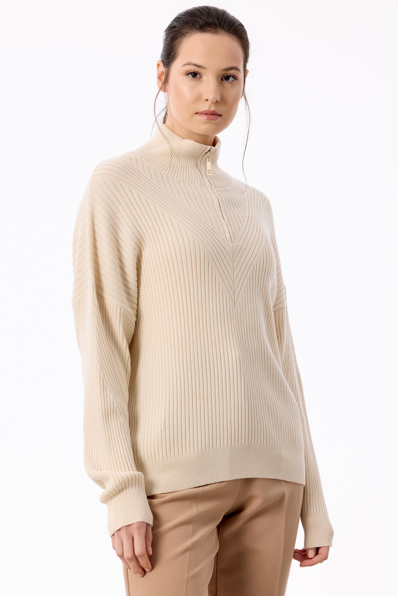 Örgü Detaylı Yüksek Yakalı Triko Bluz VANİLYA