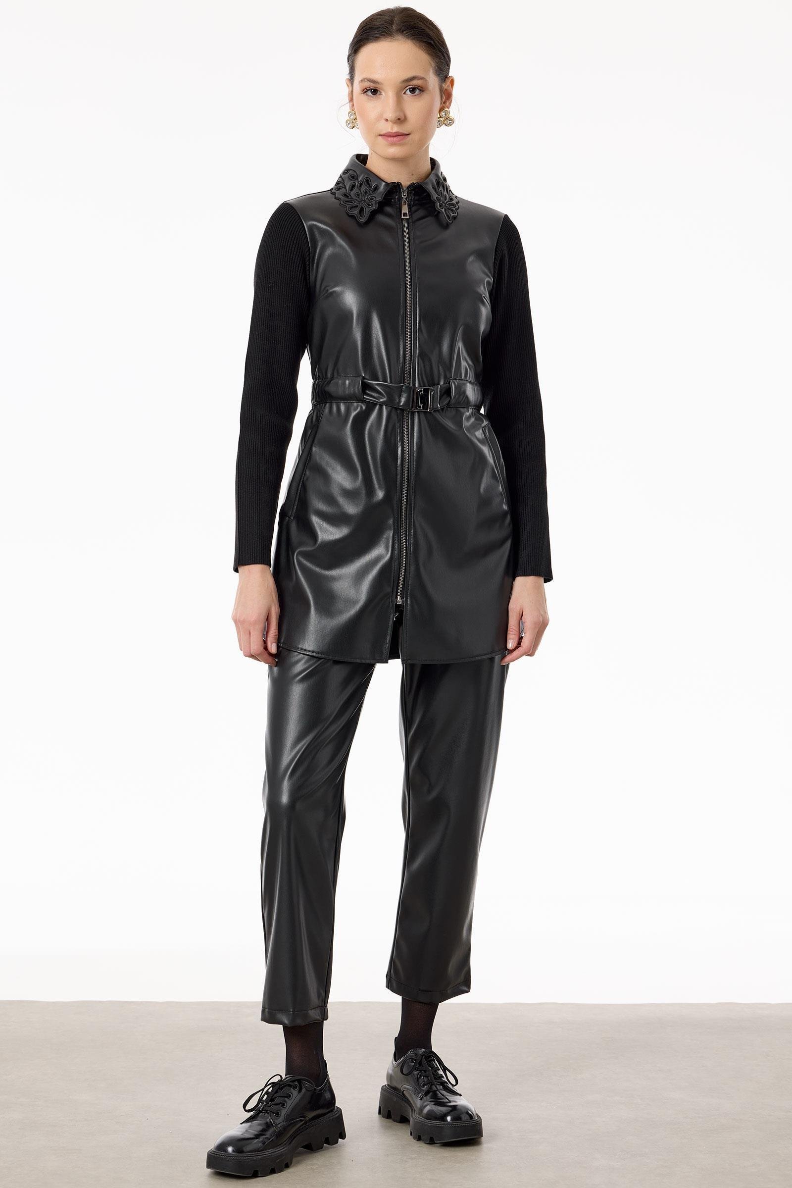 Paça Ve Yakası Nakışlı Deri Takım SİYAH