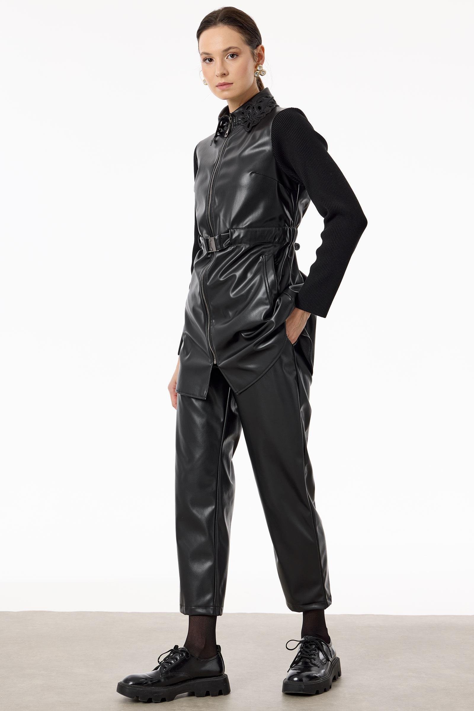 Paça Ve Yakası Nakışlı Deri Takım SİYAH