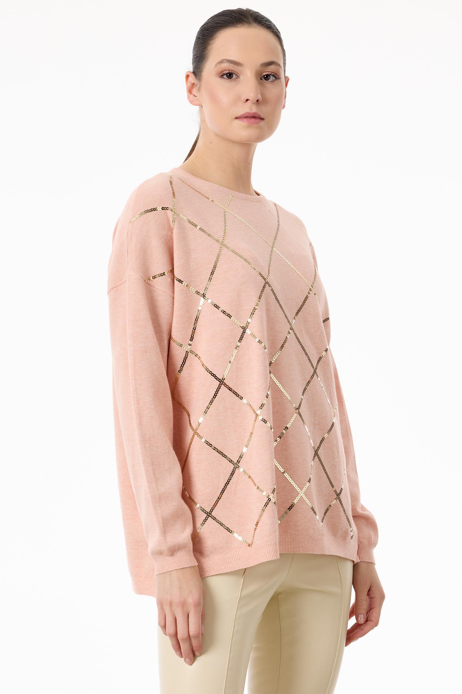 Payetli Baklava Desenli Triko Bluz PEMBE