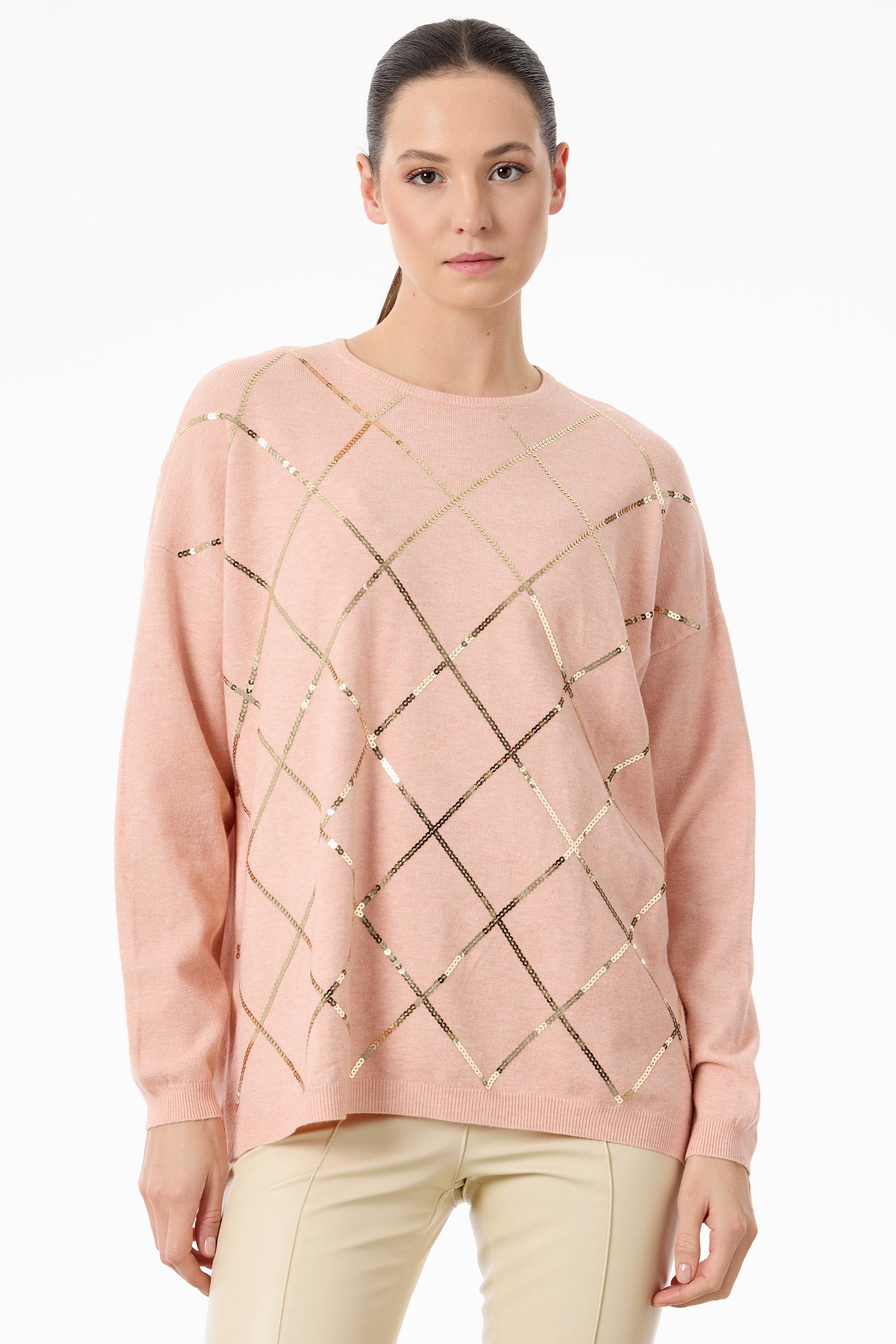 Payetli Baklava Desenli Triko Bluz PEMBE