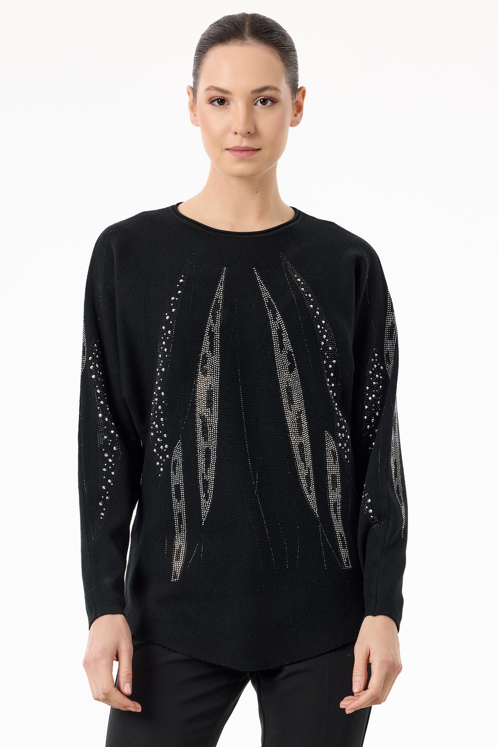 Payetli Sosis Yakalı Triko Bluz SİYAH