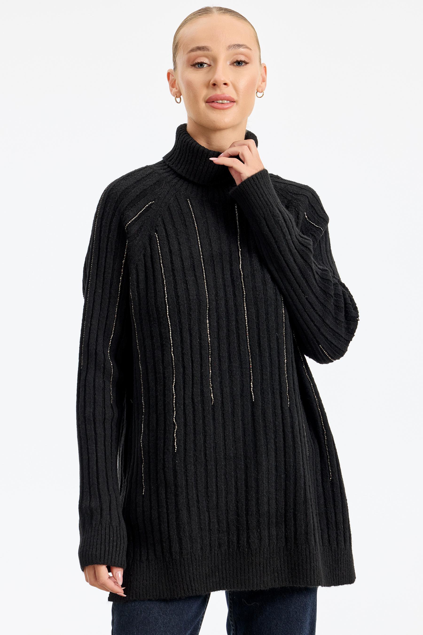 Reglan Kollu Fitilli Triko Tunik SİYAH
