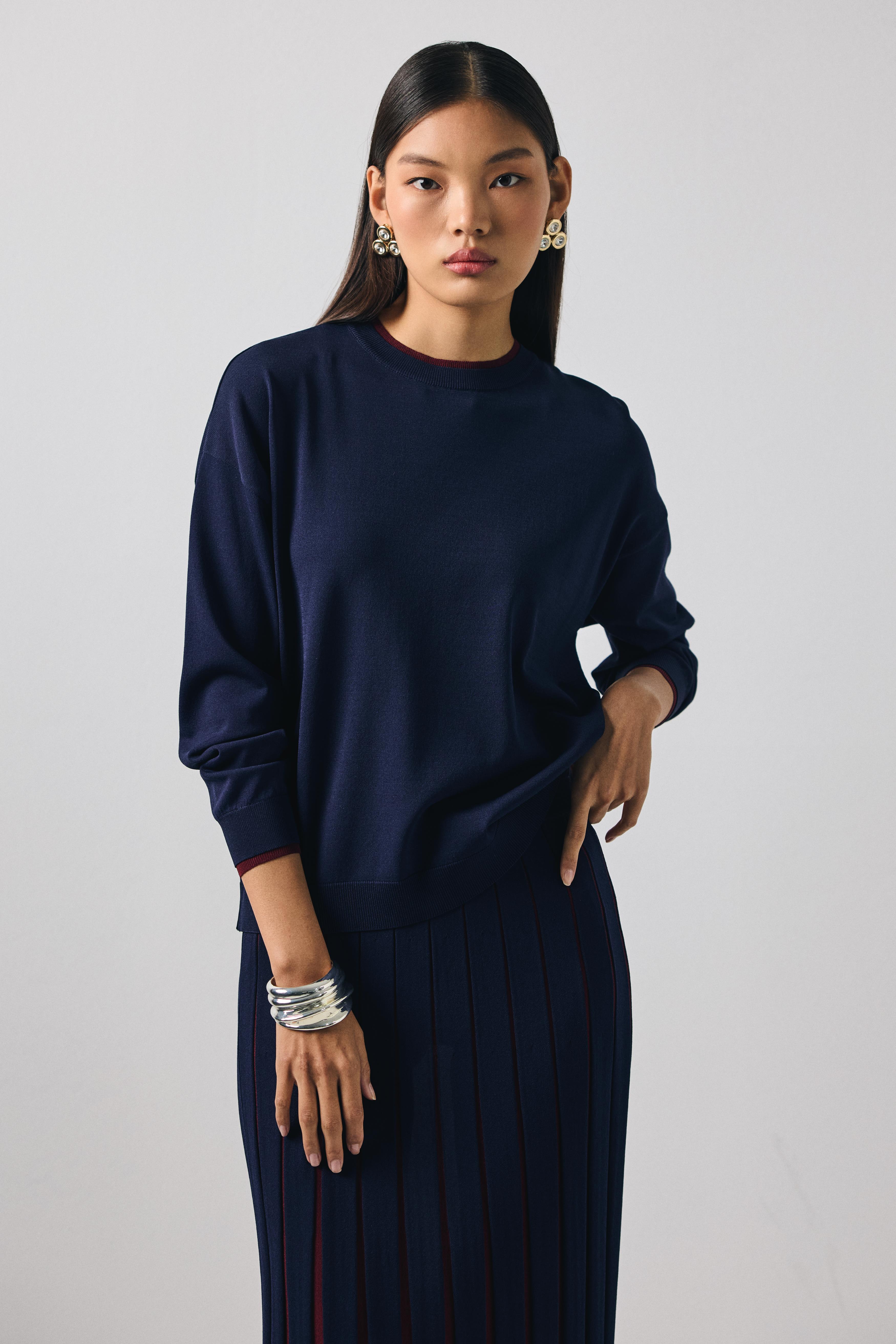 Renk Bloklu Etekli Bluz Rayon Takım LACİVERT