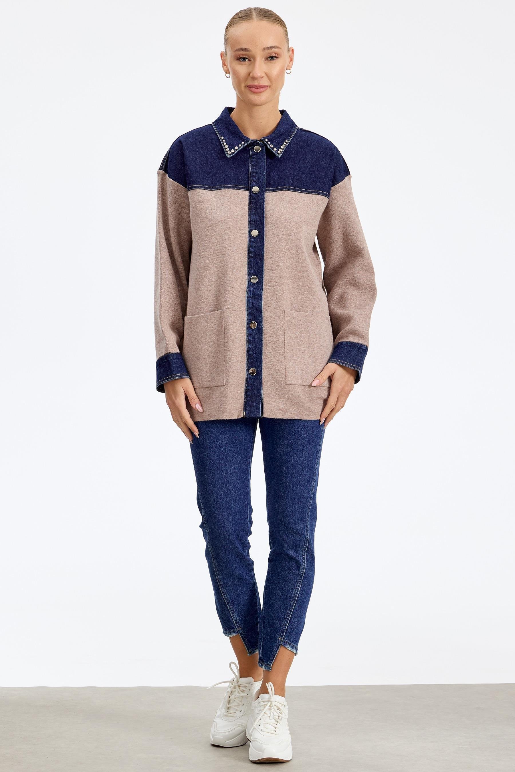 Robası Kot Detaylı Taşlı Ceket BEJ