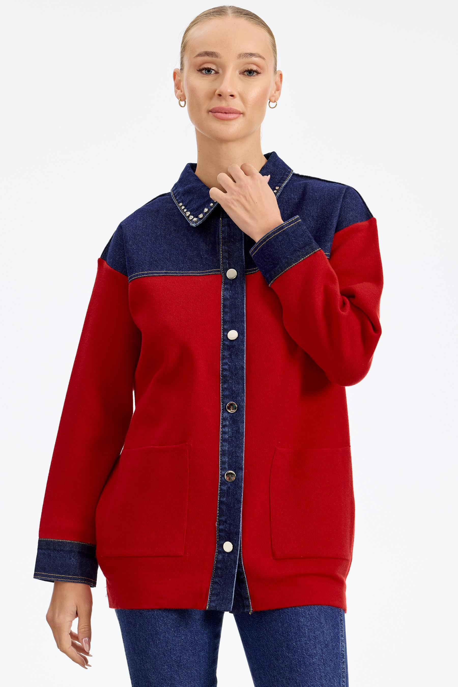 Robası Kot Detaylı Taşlı Ceket KIRMIZI