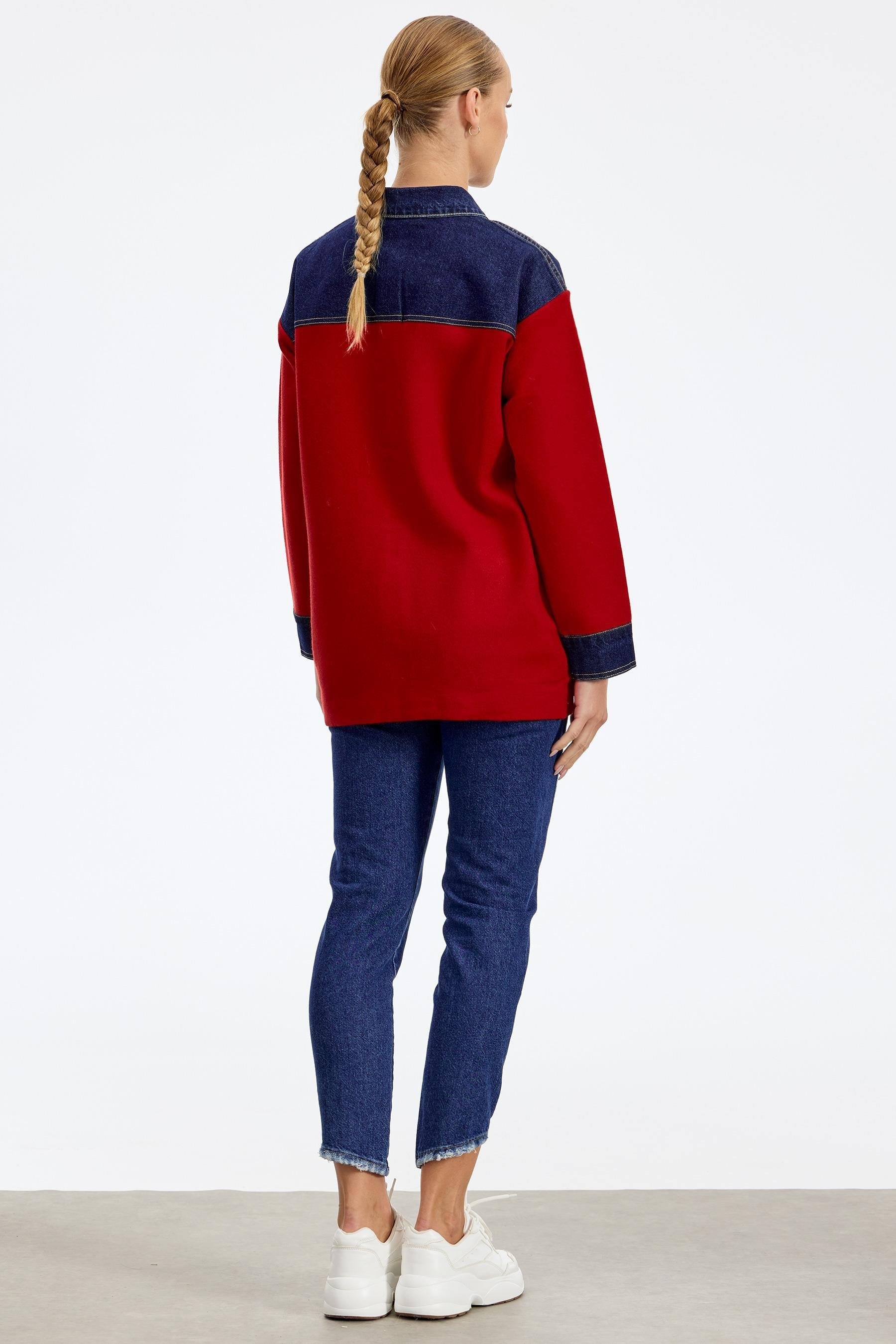 Robası Kot Detaylı Taşlı Ceket KIRMIZI