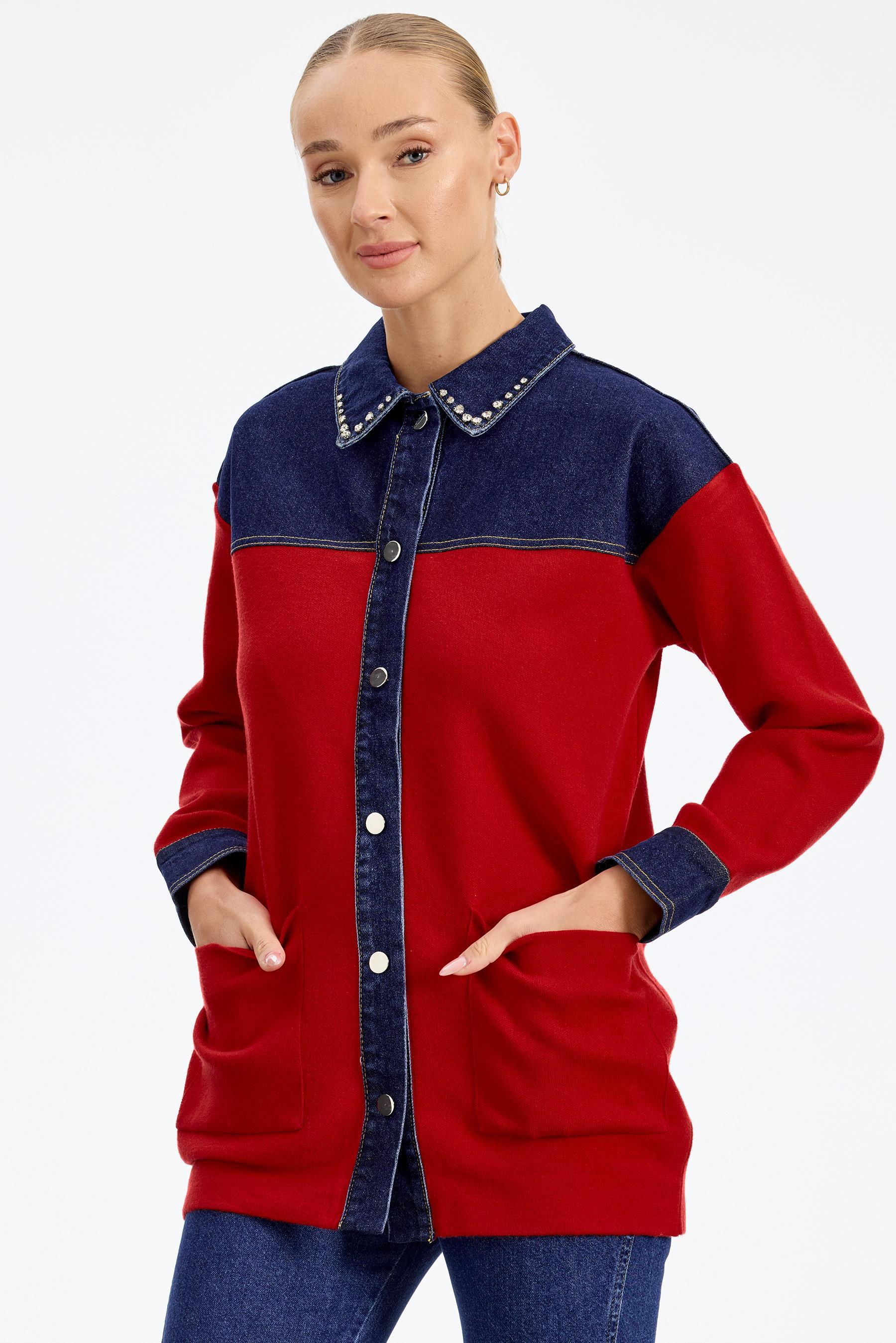 Robası Kot Detaylı Taşlı Ceket KIRMIZI