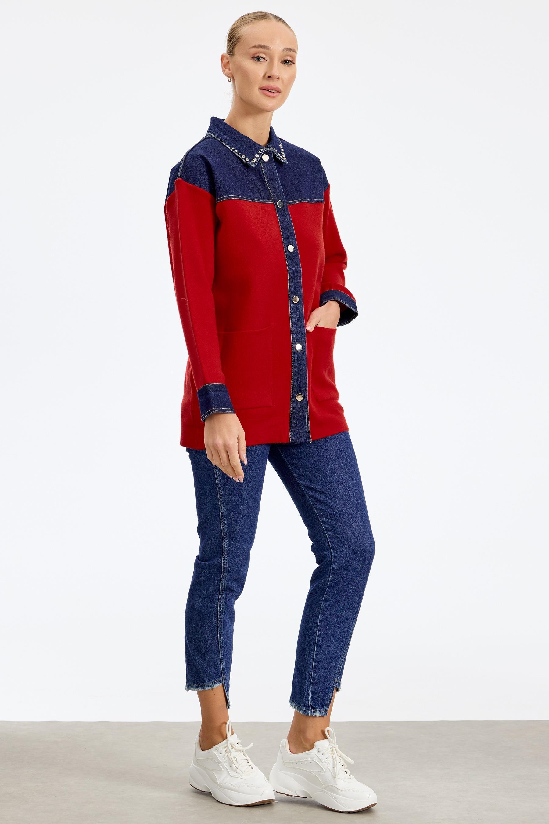 Robası Kot Detaylı Taşlı Ceket KIRMIZI