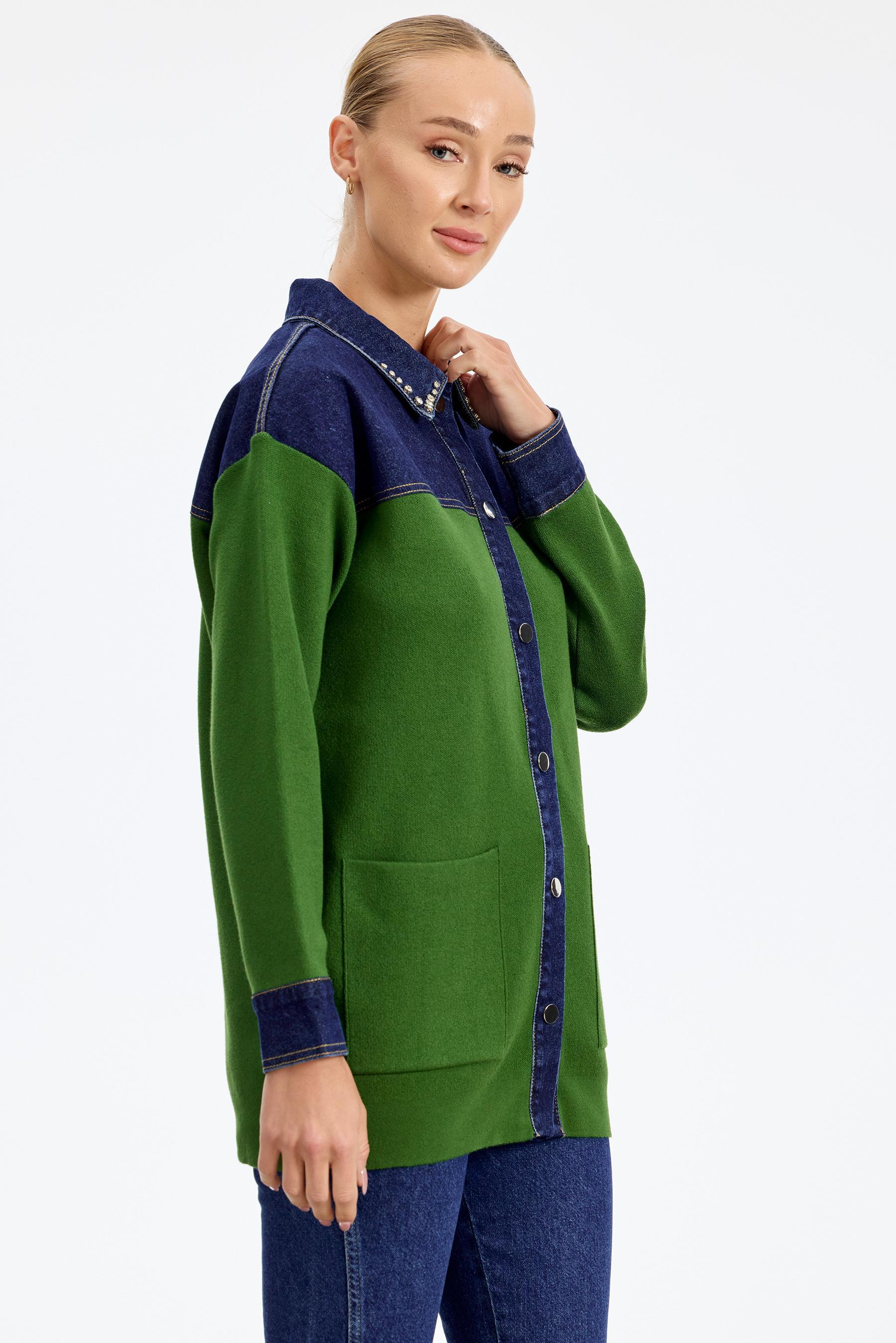 Robası Kot Detaylı Taşlı Ceket YEŞİL