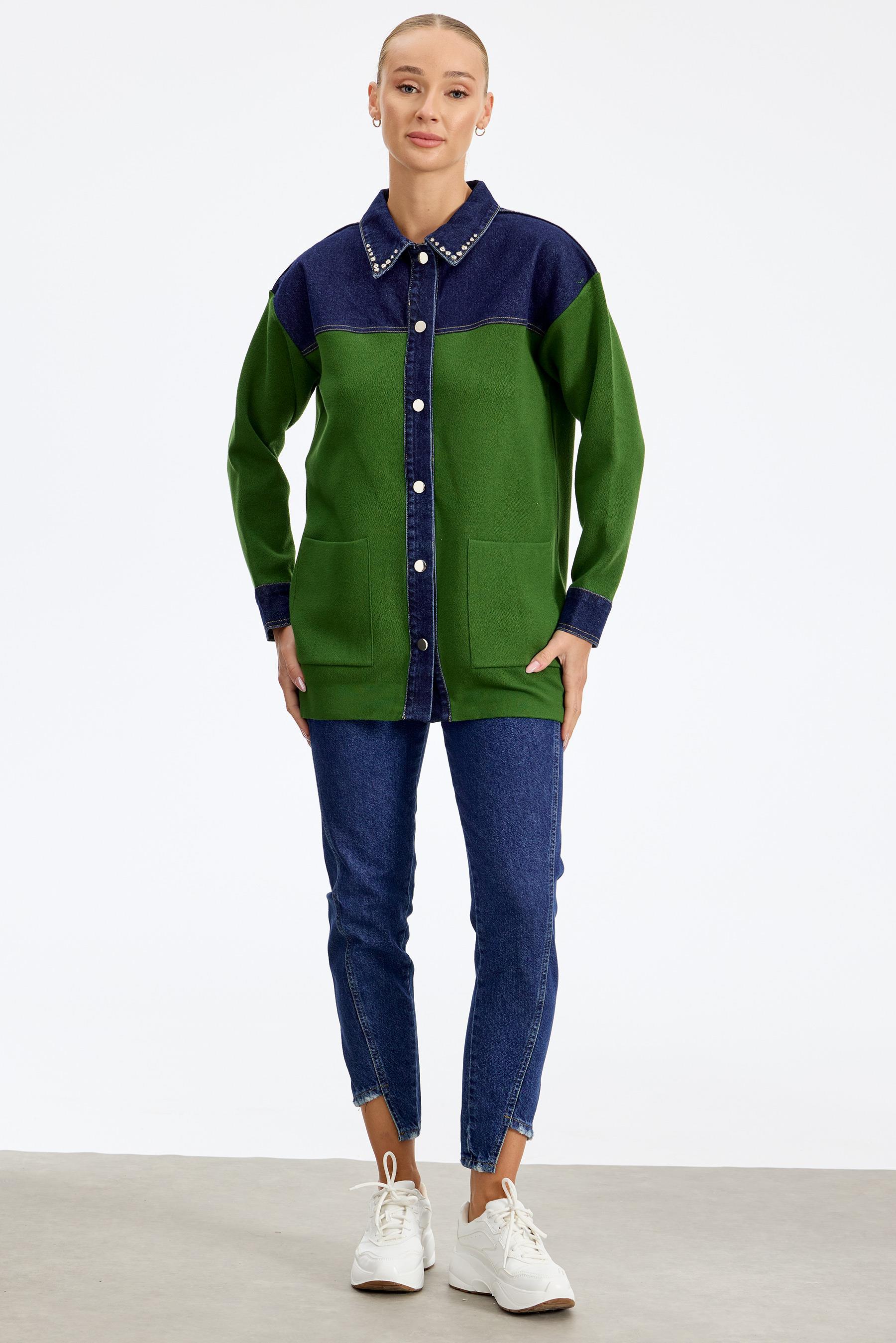 Robası Kot Detaylı Taşlı Ceket YEŞİL
