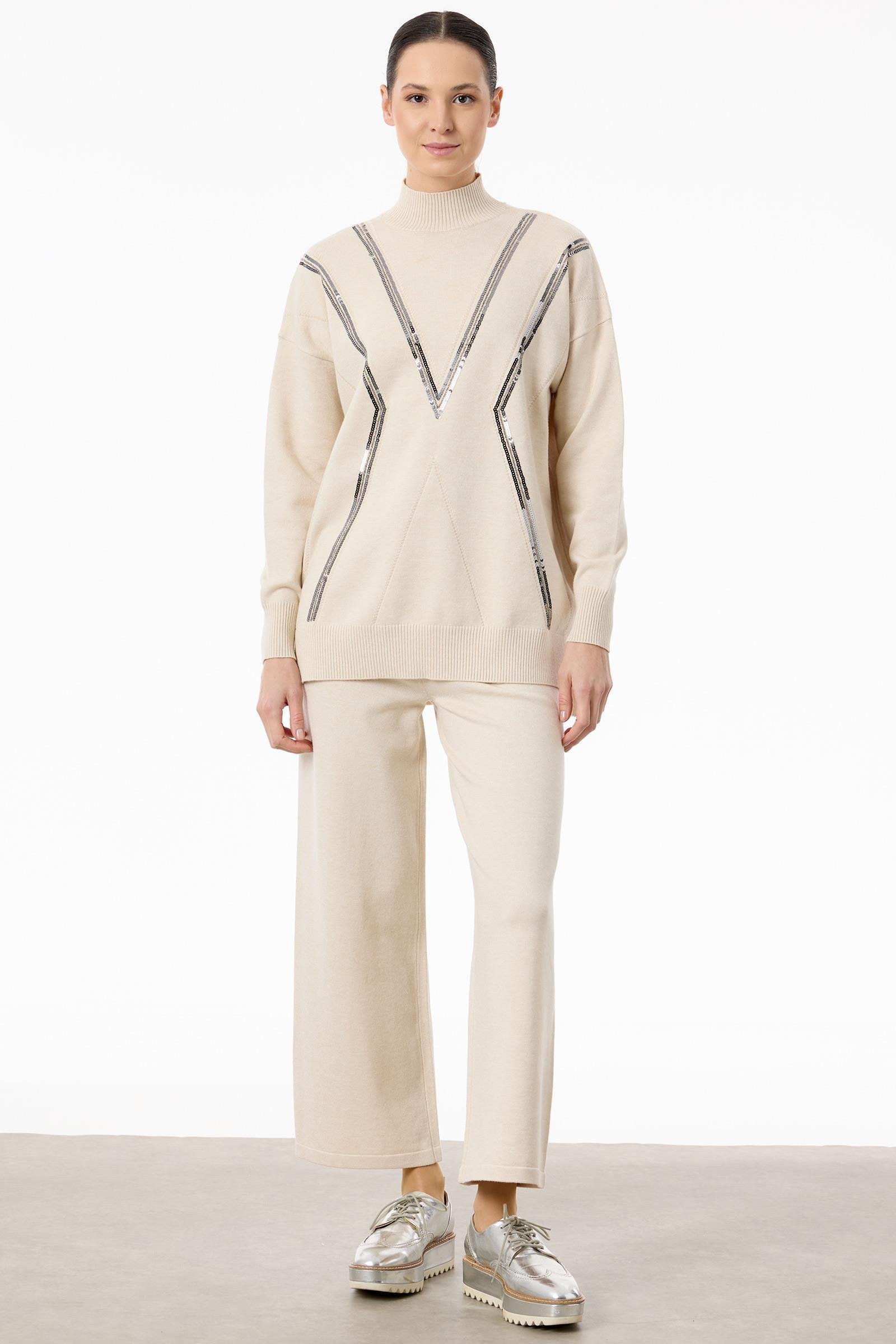 Şerit Payet Detaylı Pantolonlu Triko takım BEJ