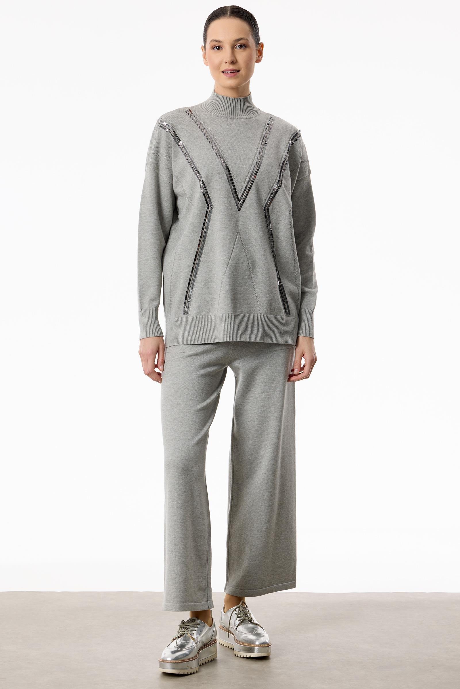 Şerit Payet Detaylı Pantolonlu Triko takım GRİ