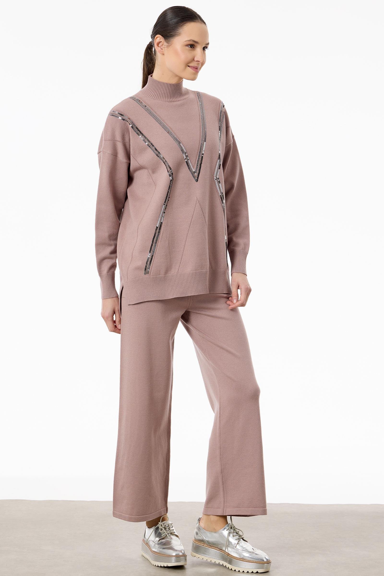 Şerit Payet Detaylı Pantolonlu Triko takım PUDRA