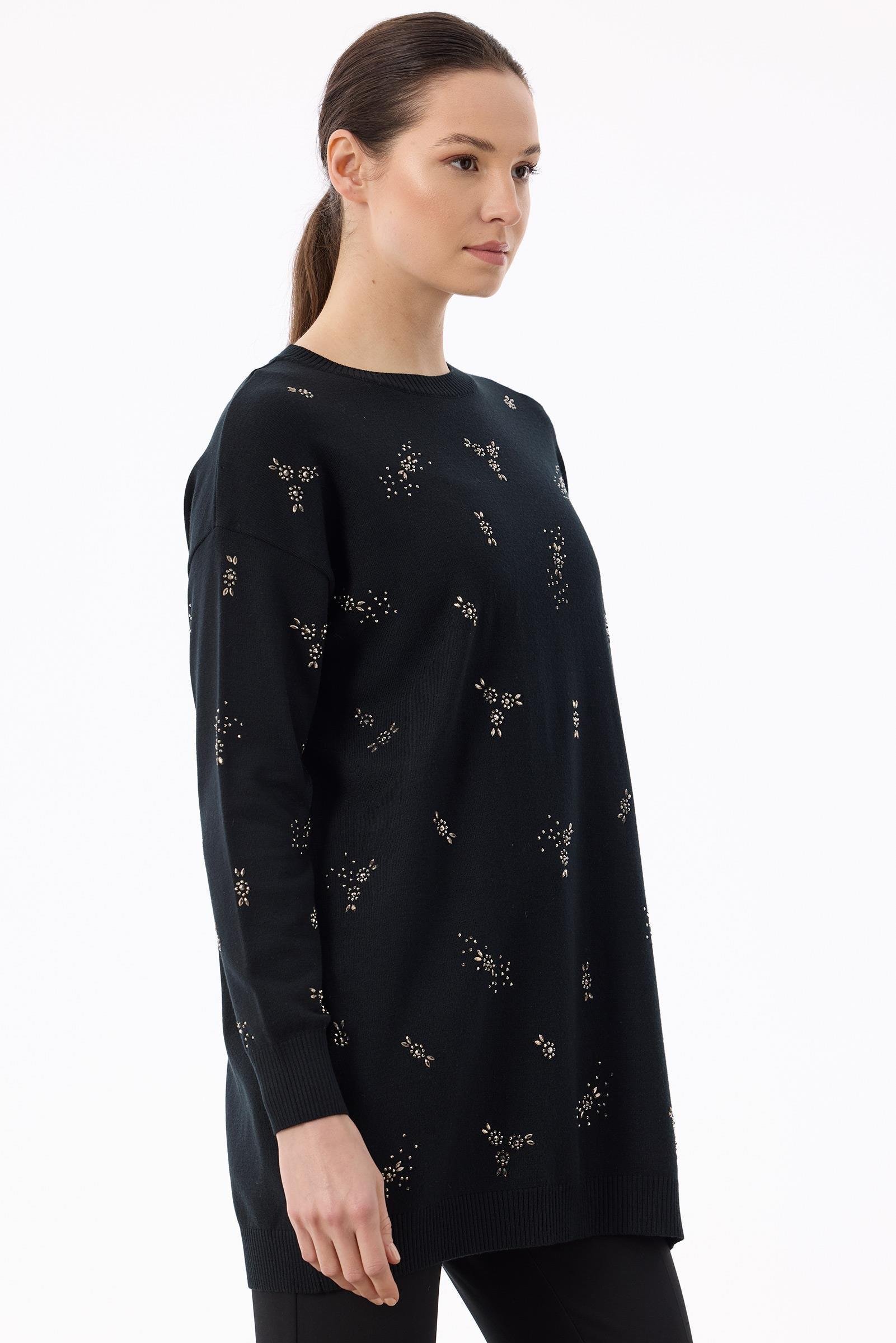 Serpme Çiçek Taşlı Tunik SİYAH