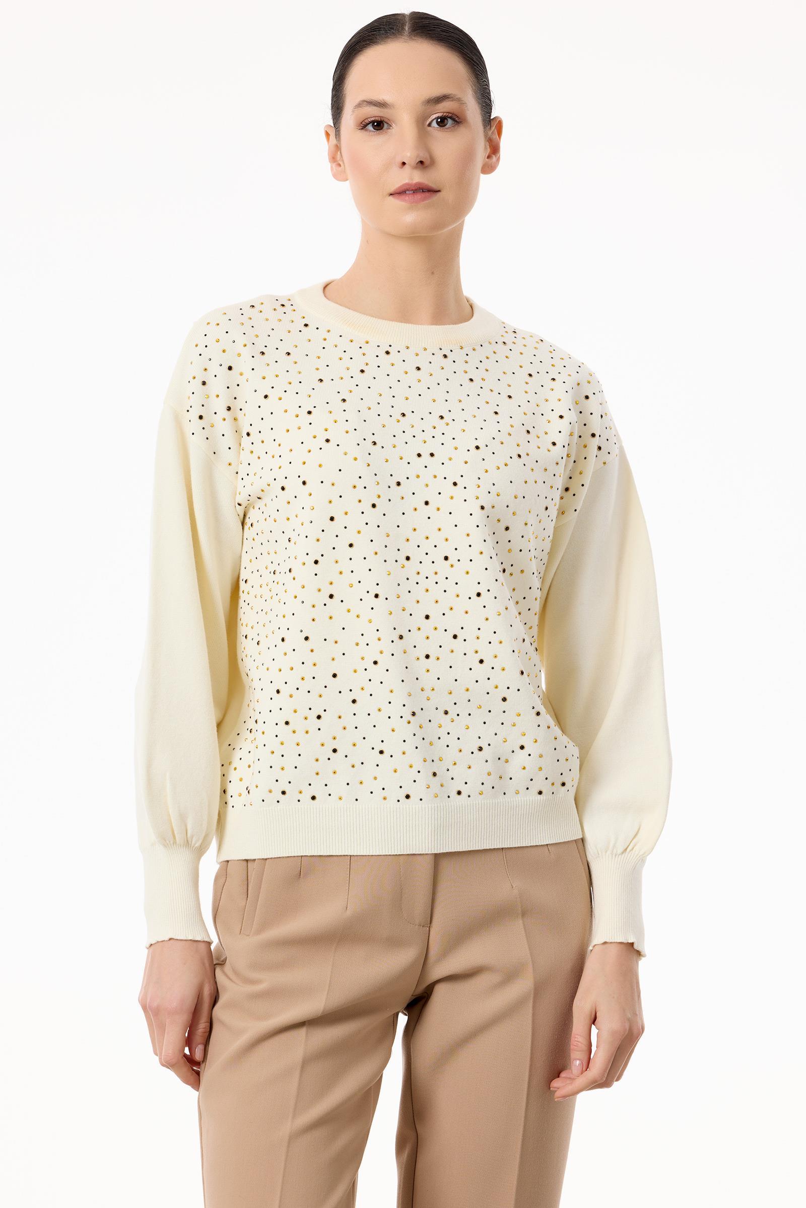 Serpme Taşlı Balon Kollu Triko Bluz EKRU