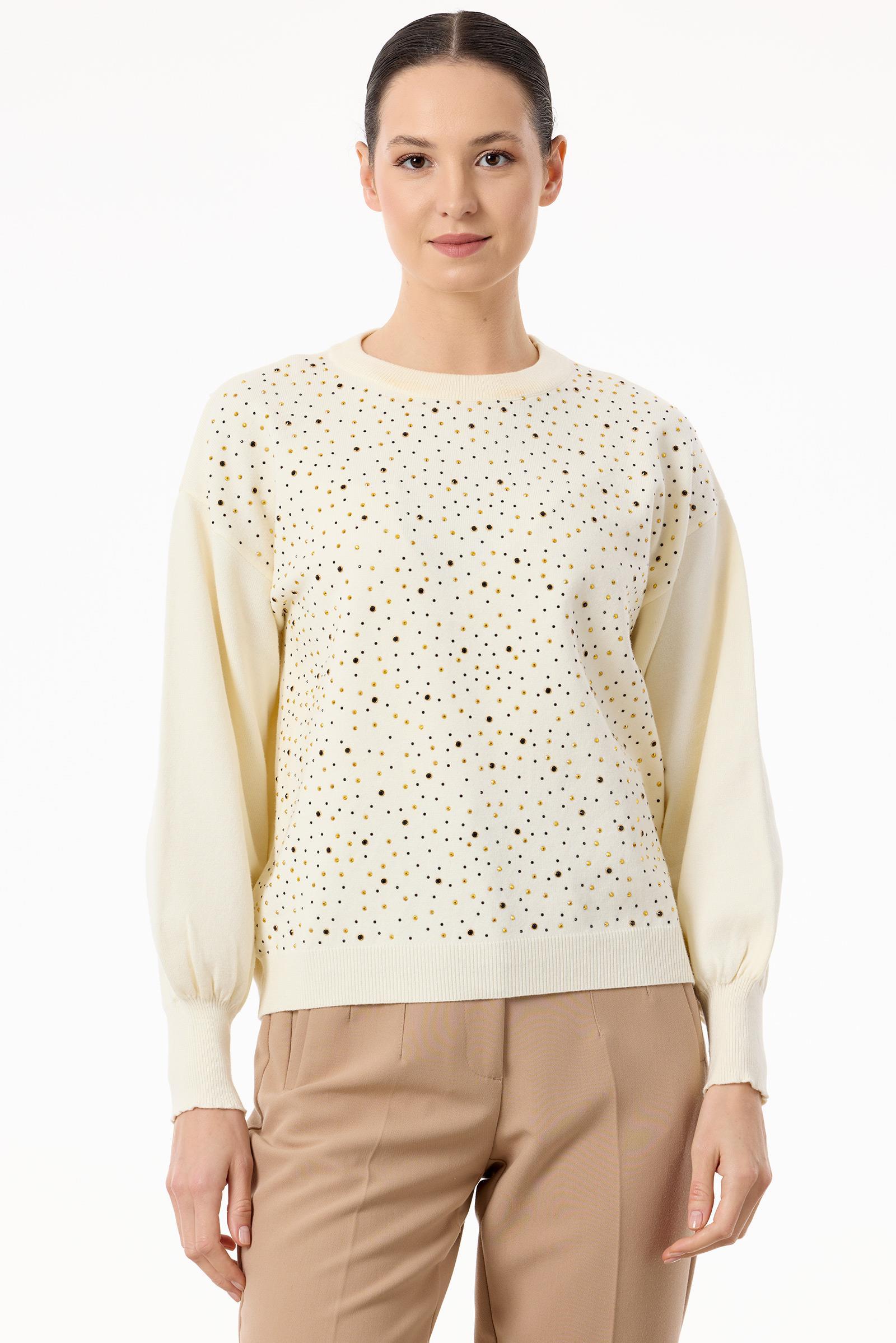 Serpme Taşlı Balon Kollu Triko Bluz EKRU