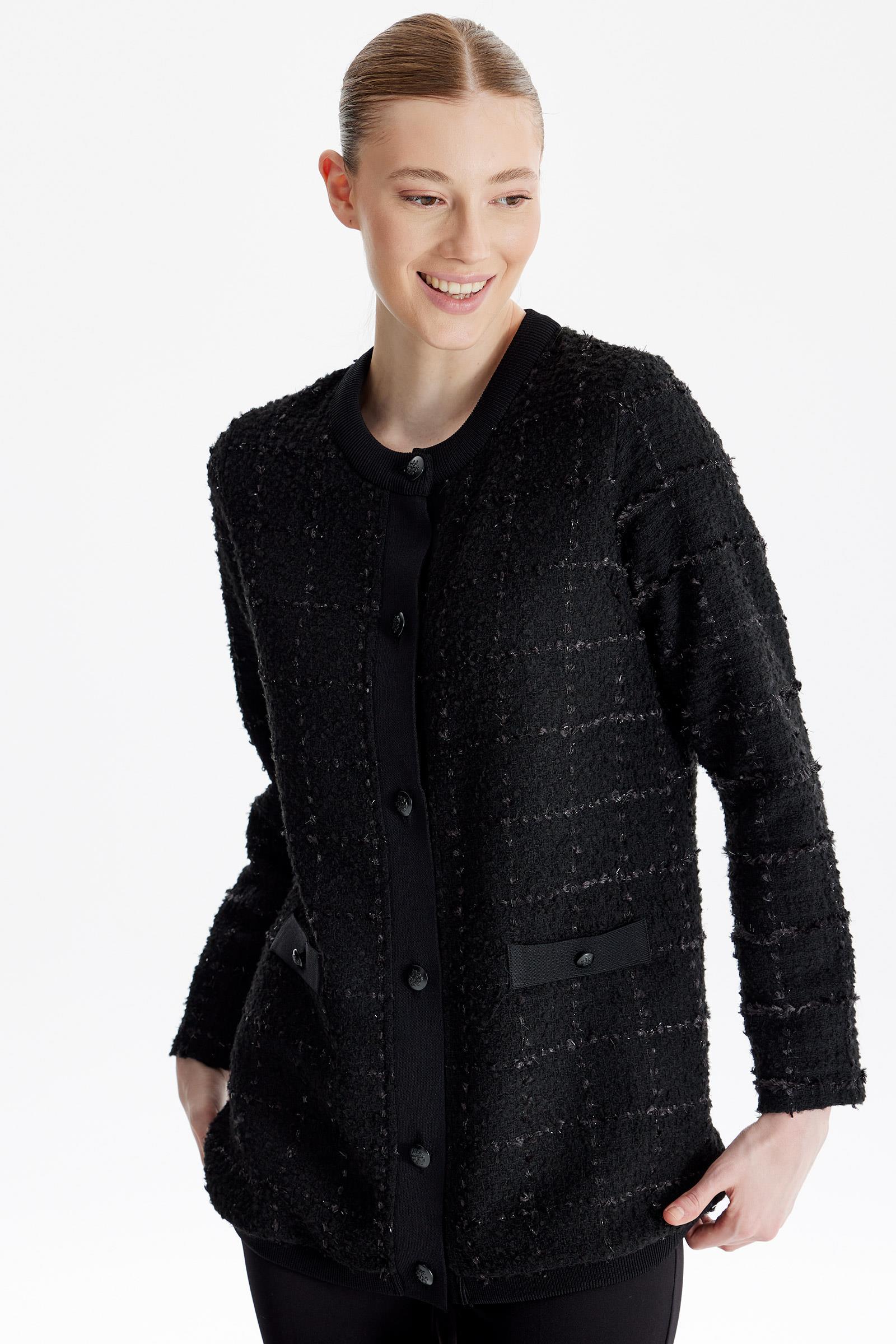 Sıfır Yaka Önden Düğmeli Tuvid Dokuma Hırka SİYAH