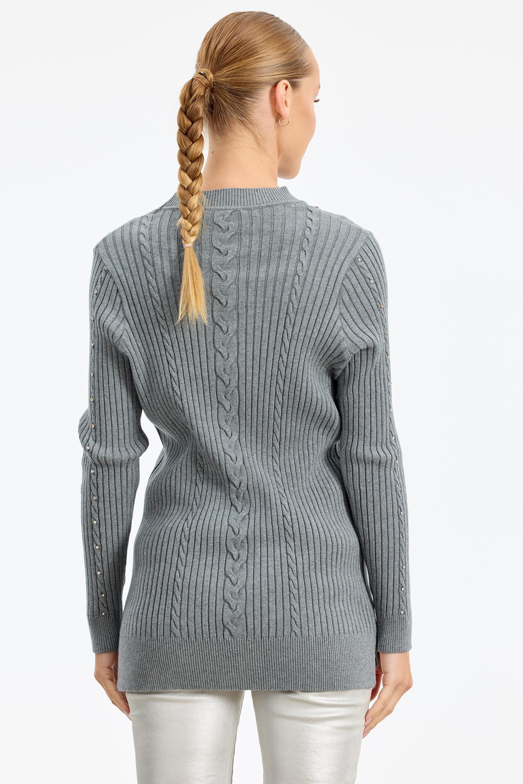 Taş Detaylı Saç Örgülü Tunik GRİ MELANJ