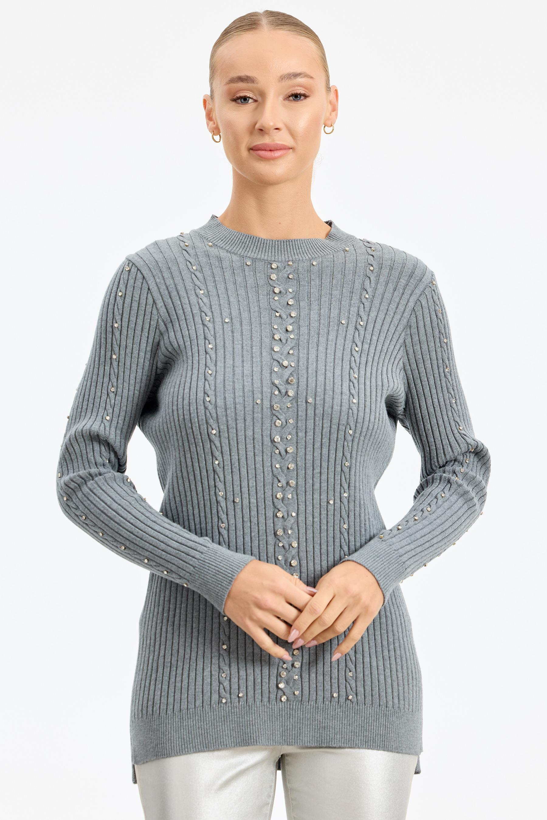 Taş Detaylı Saç Örgülü Tunik GRİ MELANJ