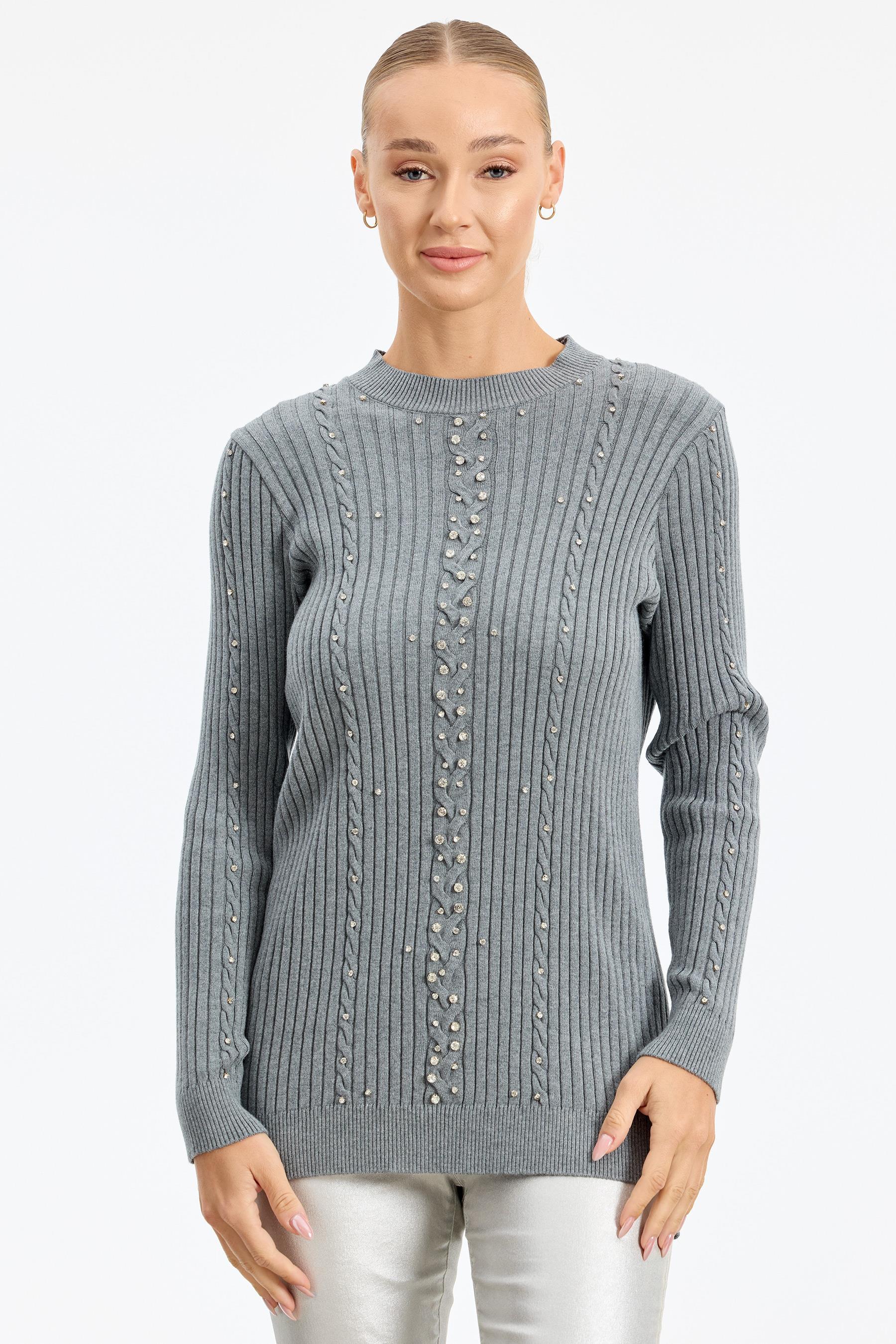 Taş Detaylı Saç Örgülü Tunik GRİ MELANJ