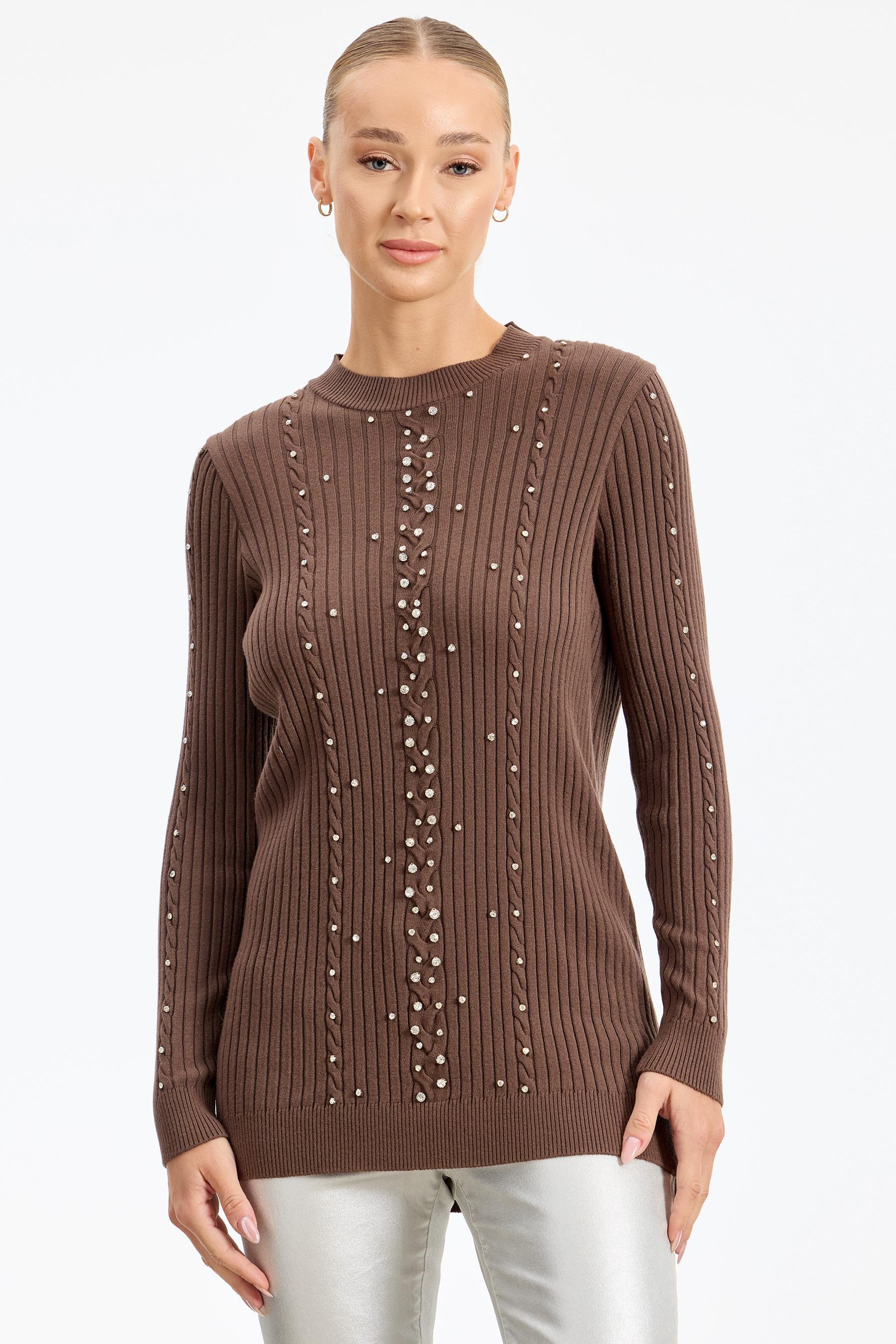 Taş Detaylı Saç Örgülü Tunik KAHVE