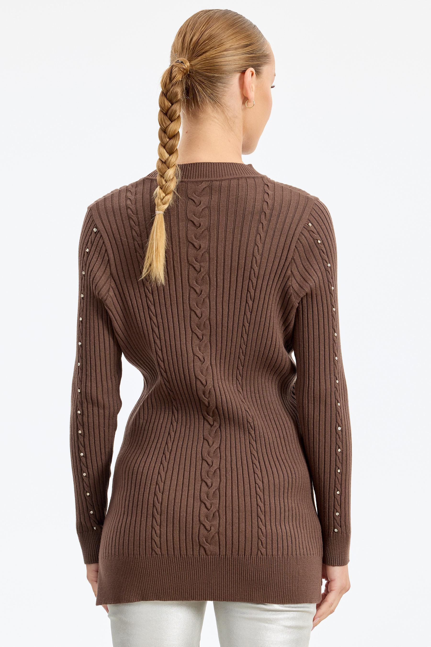Taş Detaylı Saç Örgülü Tunik KAHVE