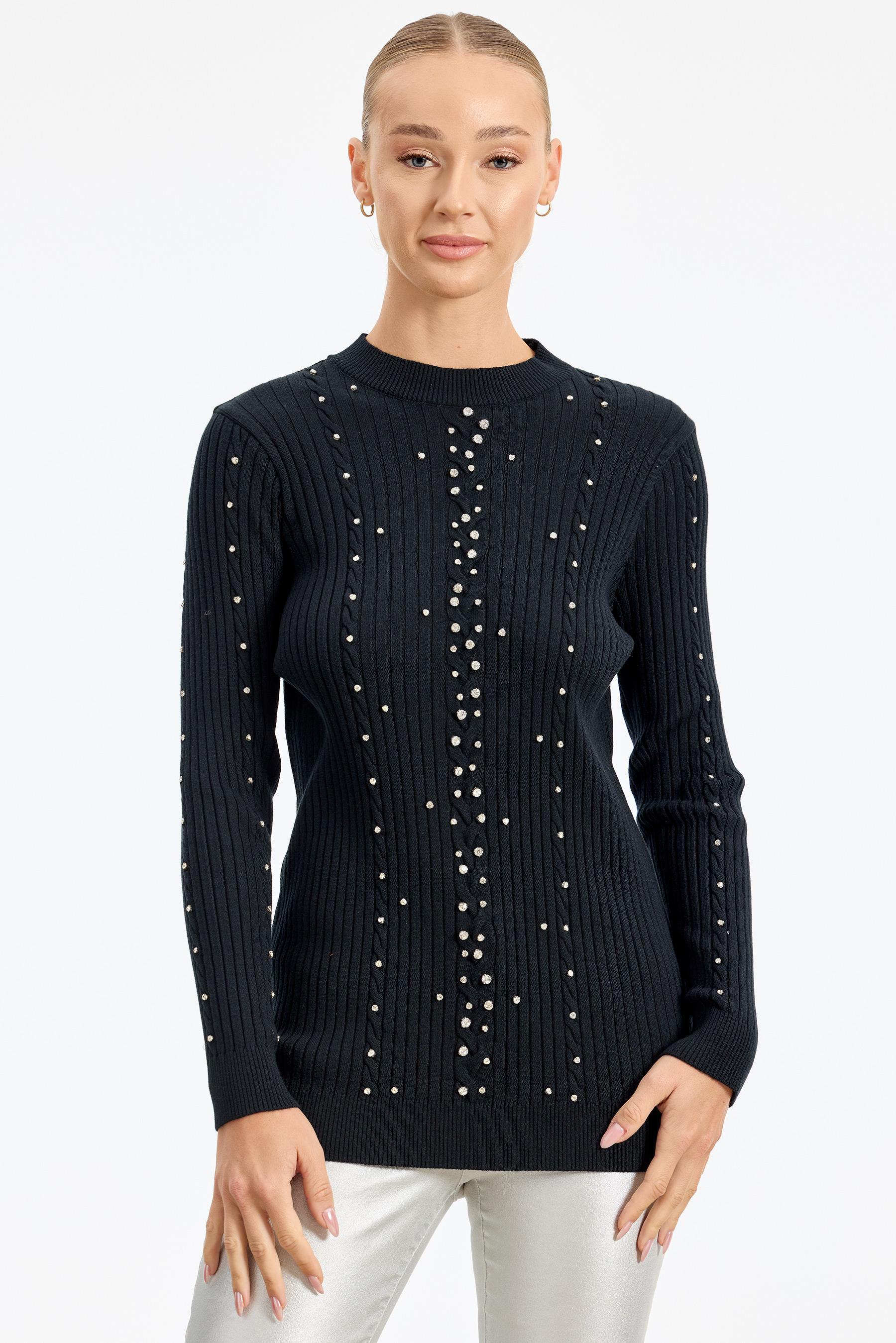 Taş Detaylı Saç Örgülü Tunik SİYAH