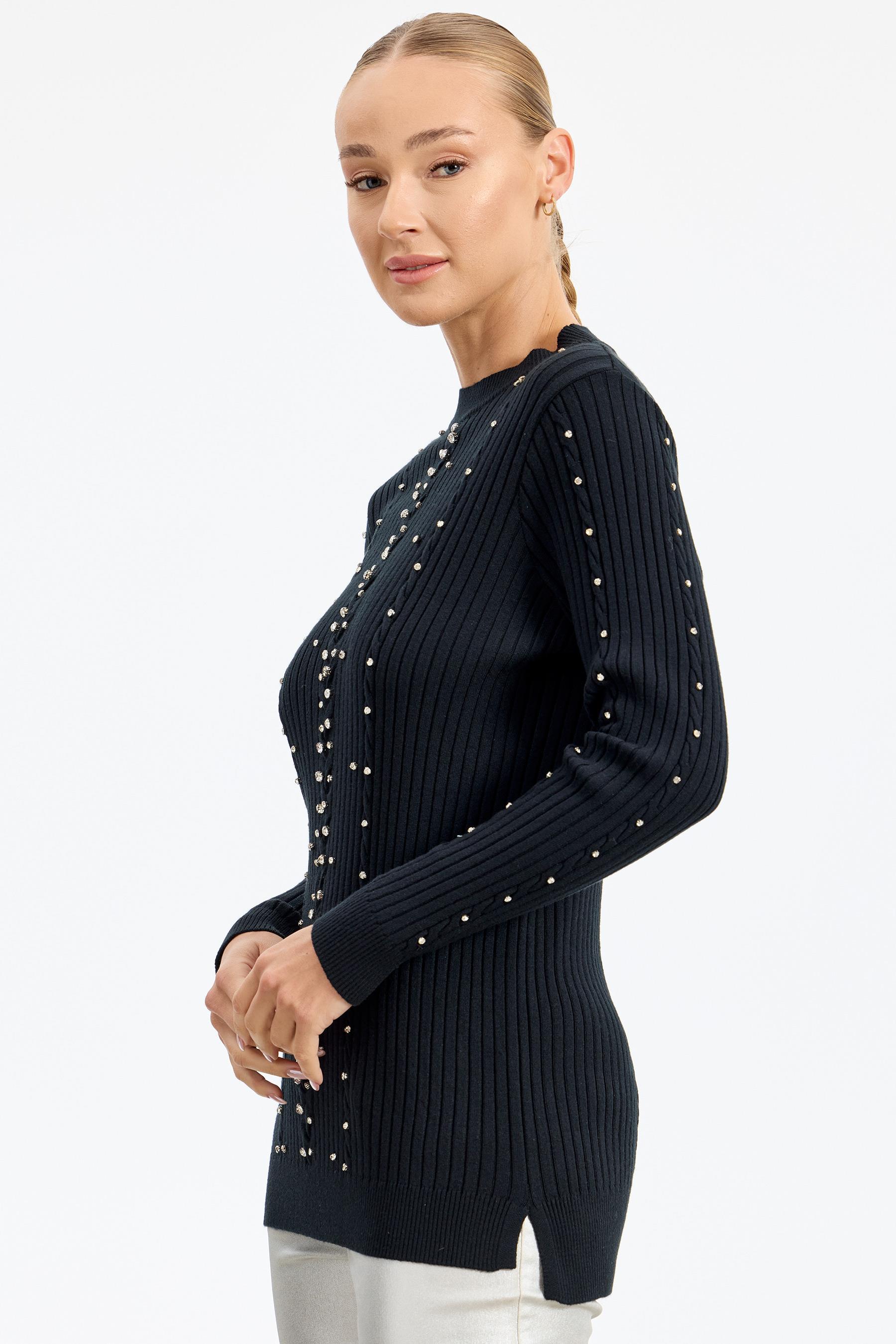 Taş Detaylı Saç Örgülü Tunik SİYAH