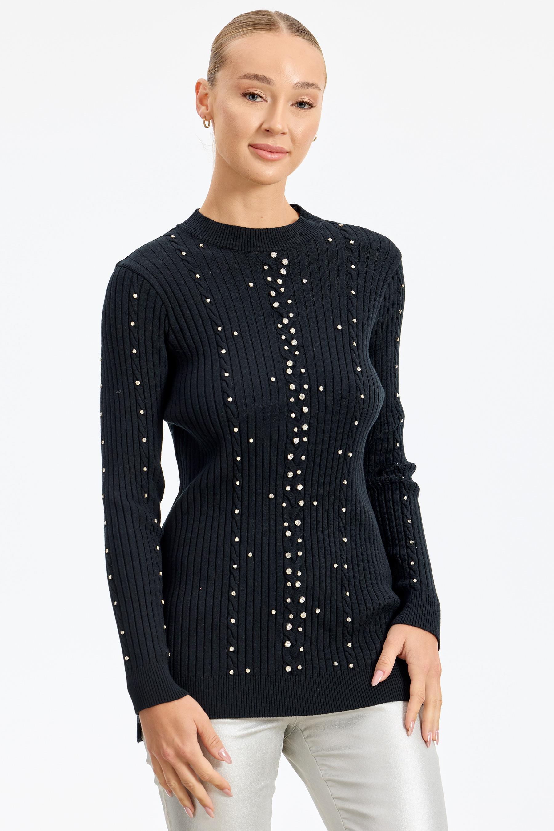 Taş Detaylı Saç Örgülü Tunik SİYAH