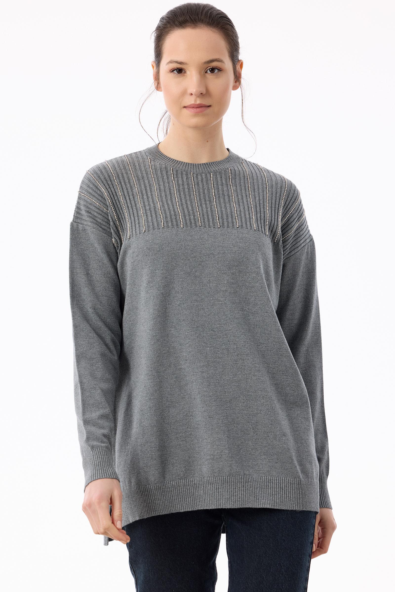 Taş Detaylı Triko Tunik GRİ