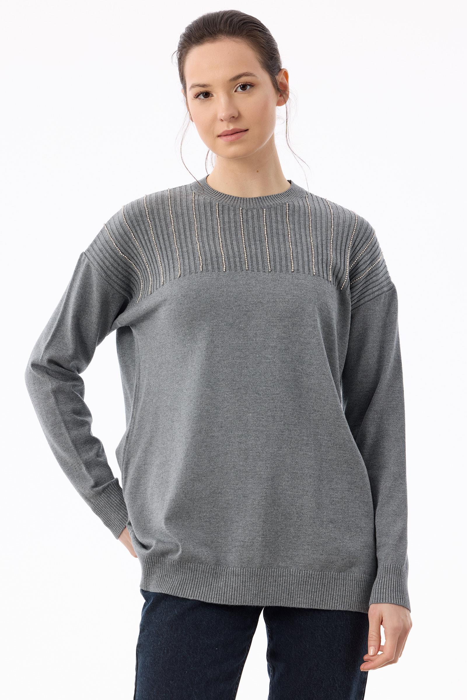 Taş Detaylı Triko Tunik GRİ