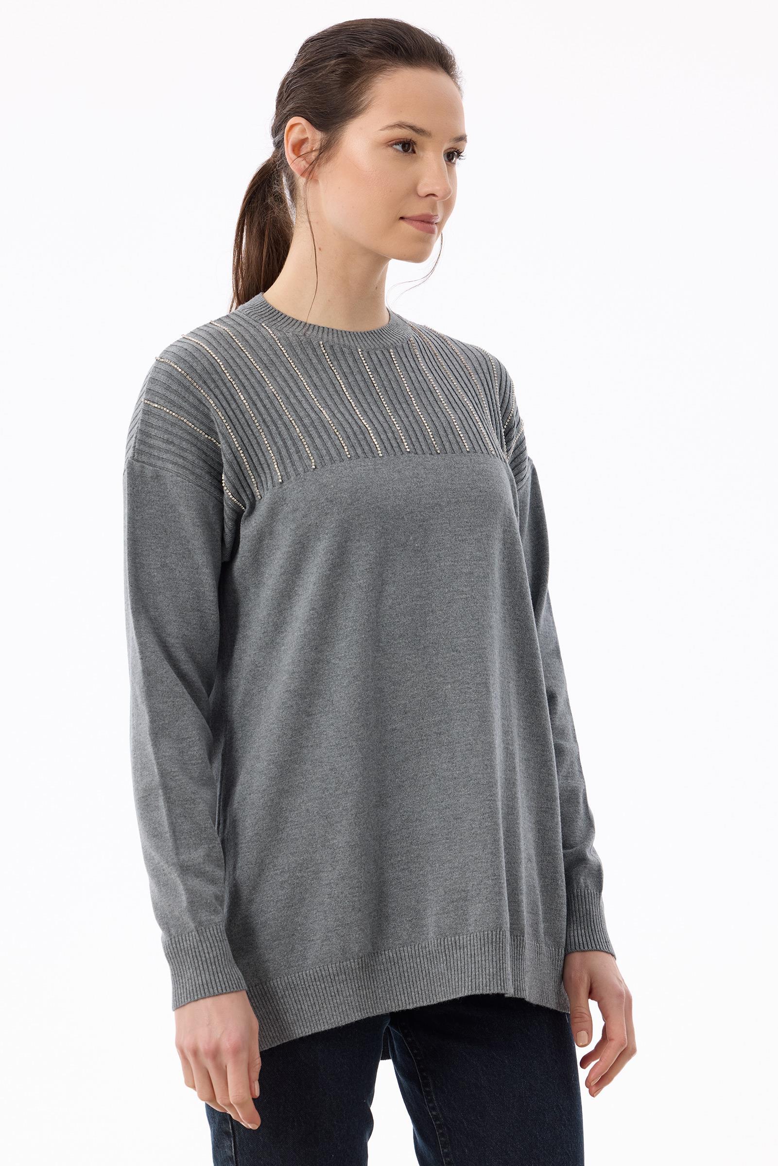 Taş Detaylı Triko Tunik GRİ