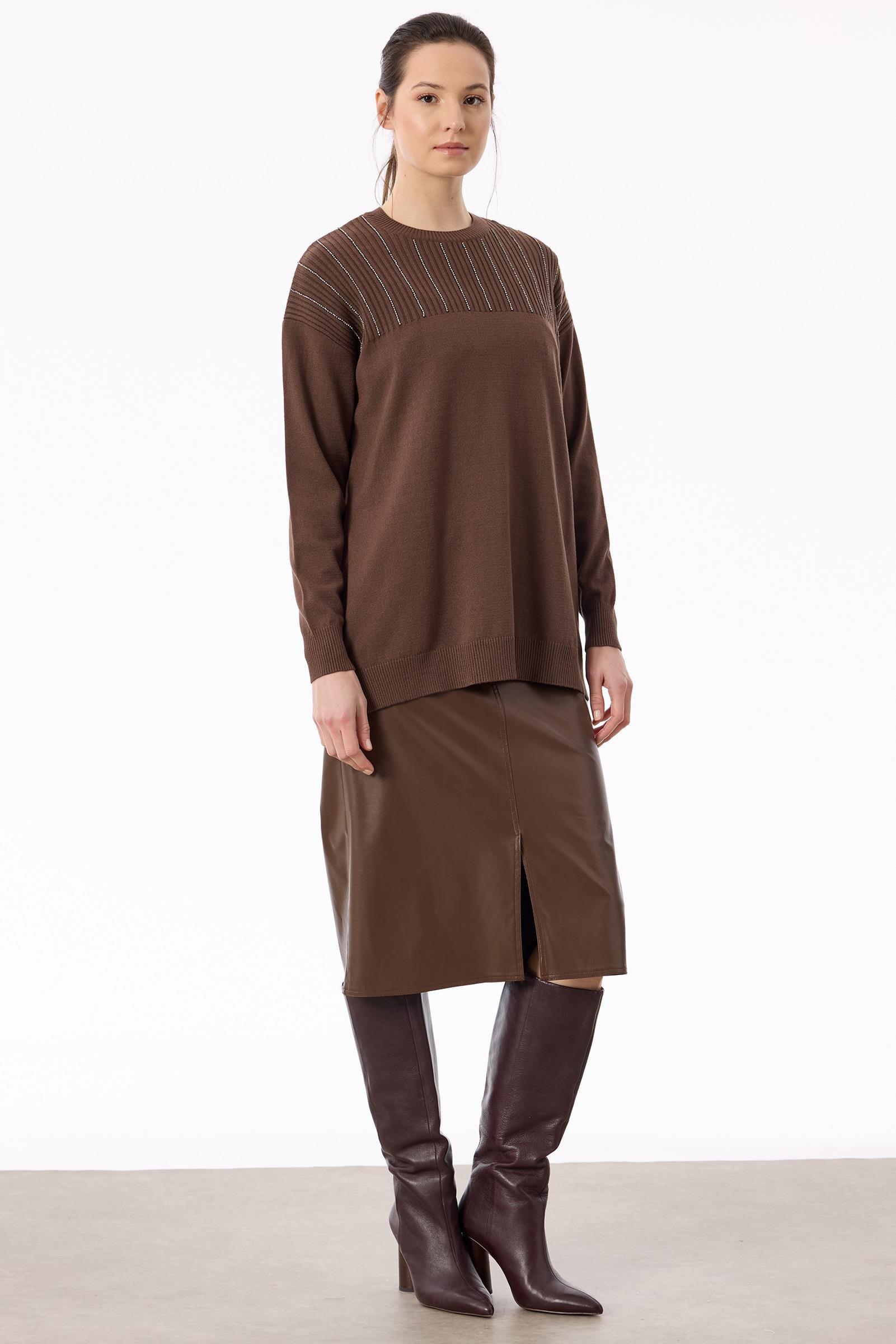 Taş Detaylı Triko Tunik KAHVE