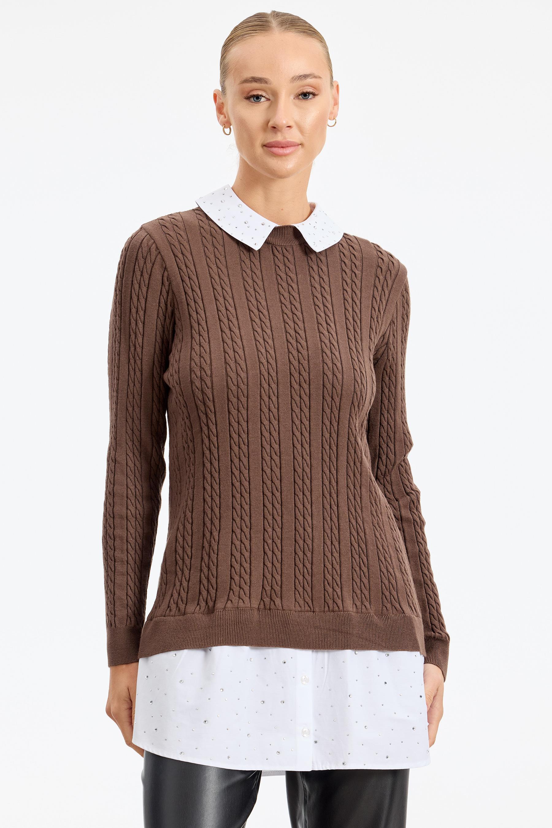 Taş Gömlek Detaylı Tunik KAHVE