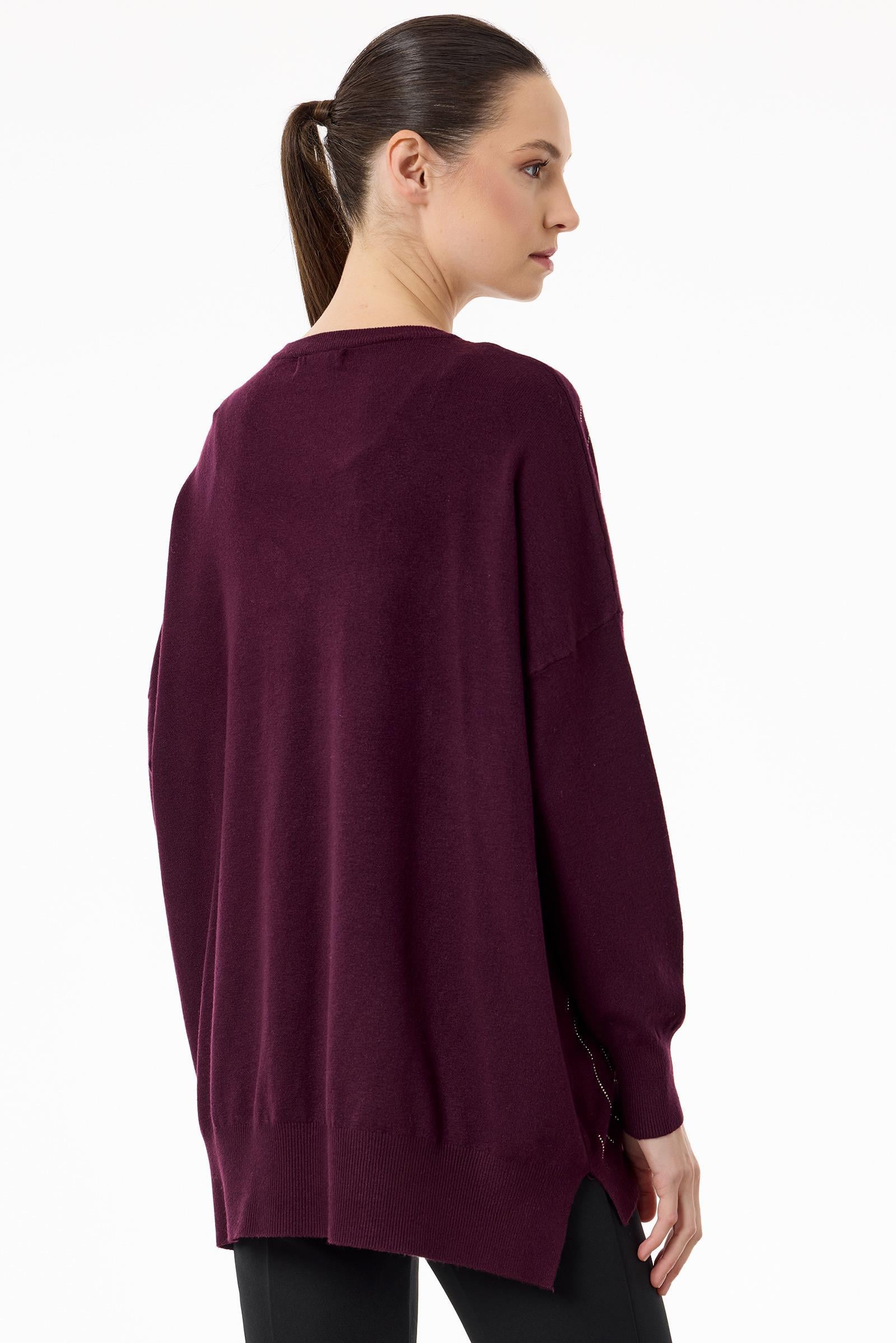 Taşlı Ağ Desenli Triko Tunik BORDO