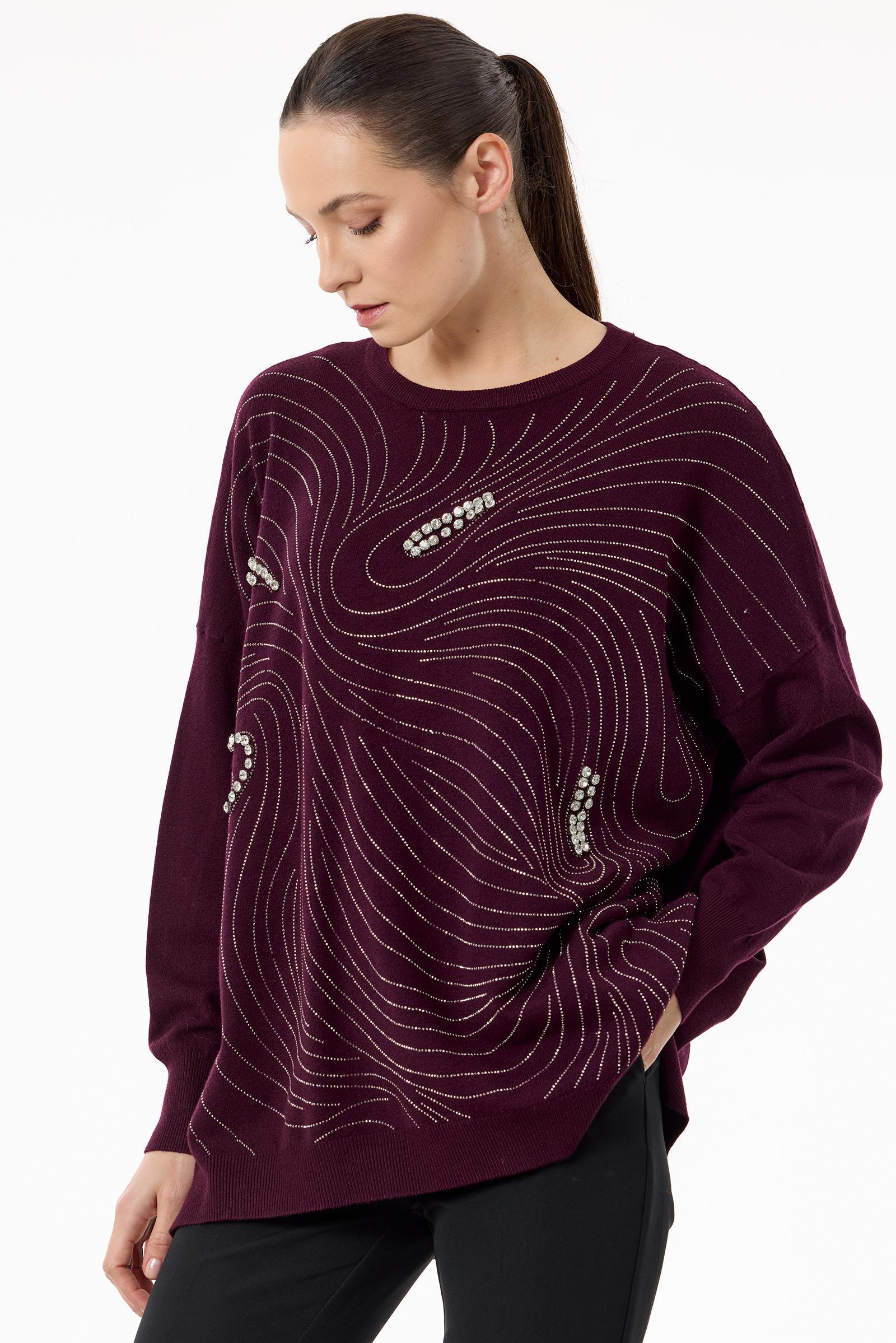 Taşlı Ağ Desenli Triko Tunik BORDO
