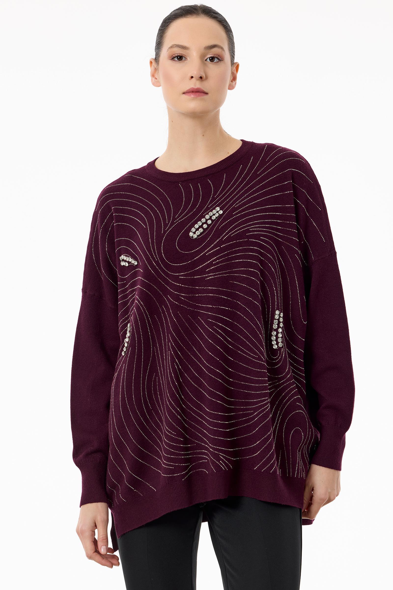Taşlı Ağ Desenli Triko Tunik BORDO