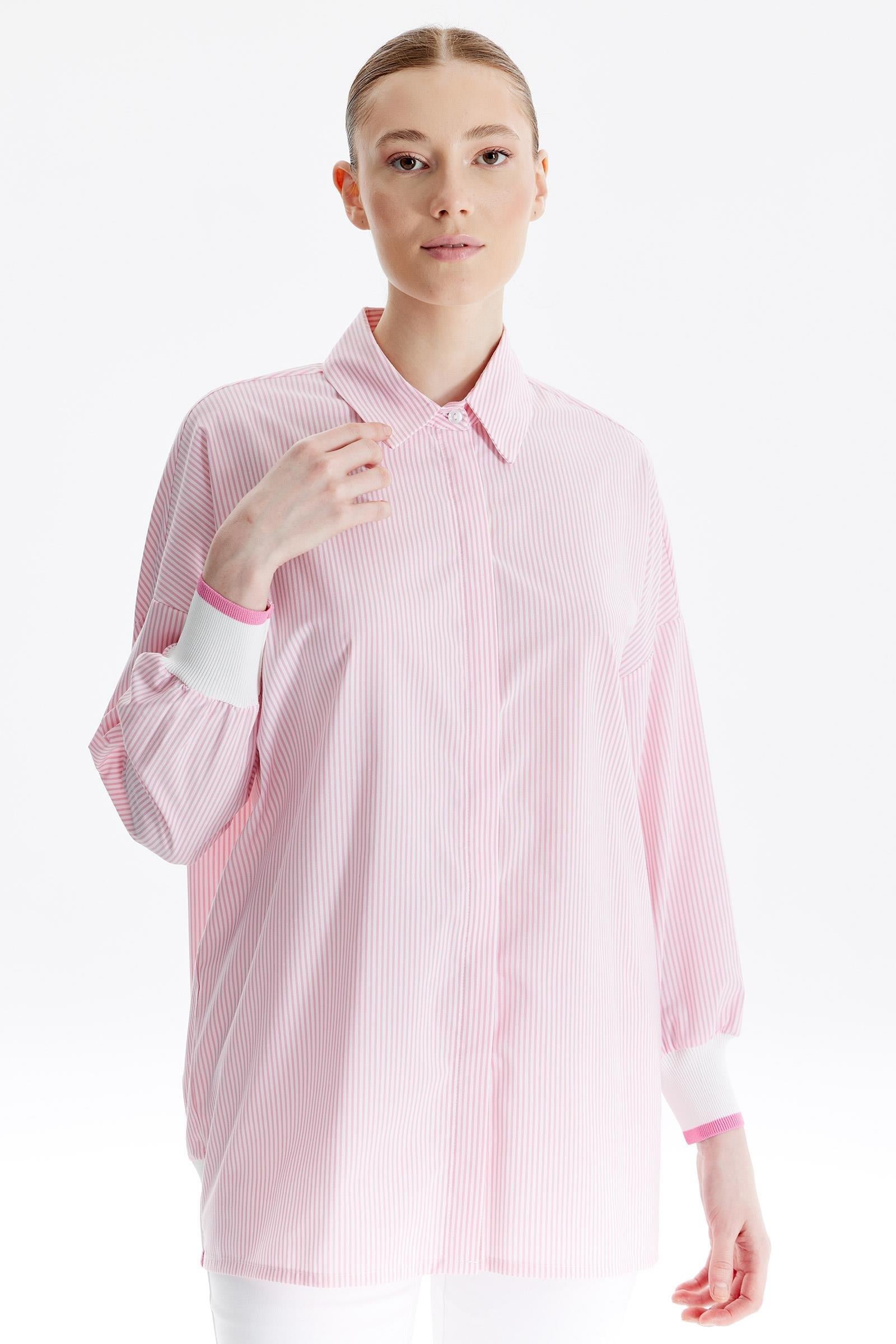 Triko Ribana Detaylı Çizgili Poplin Gömlek PEMBE