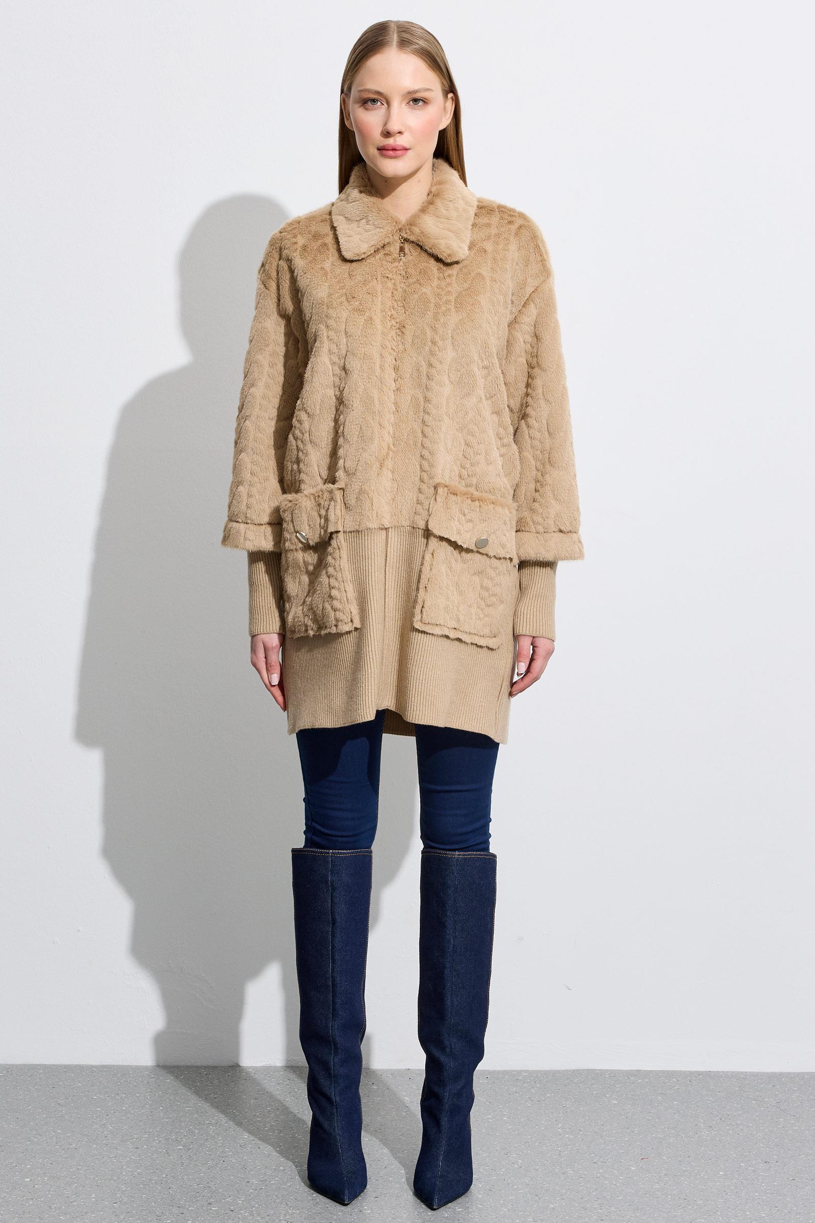 Triko Ve Saç Örgü Kombinli Kaban CAMEL