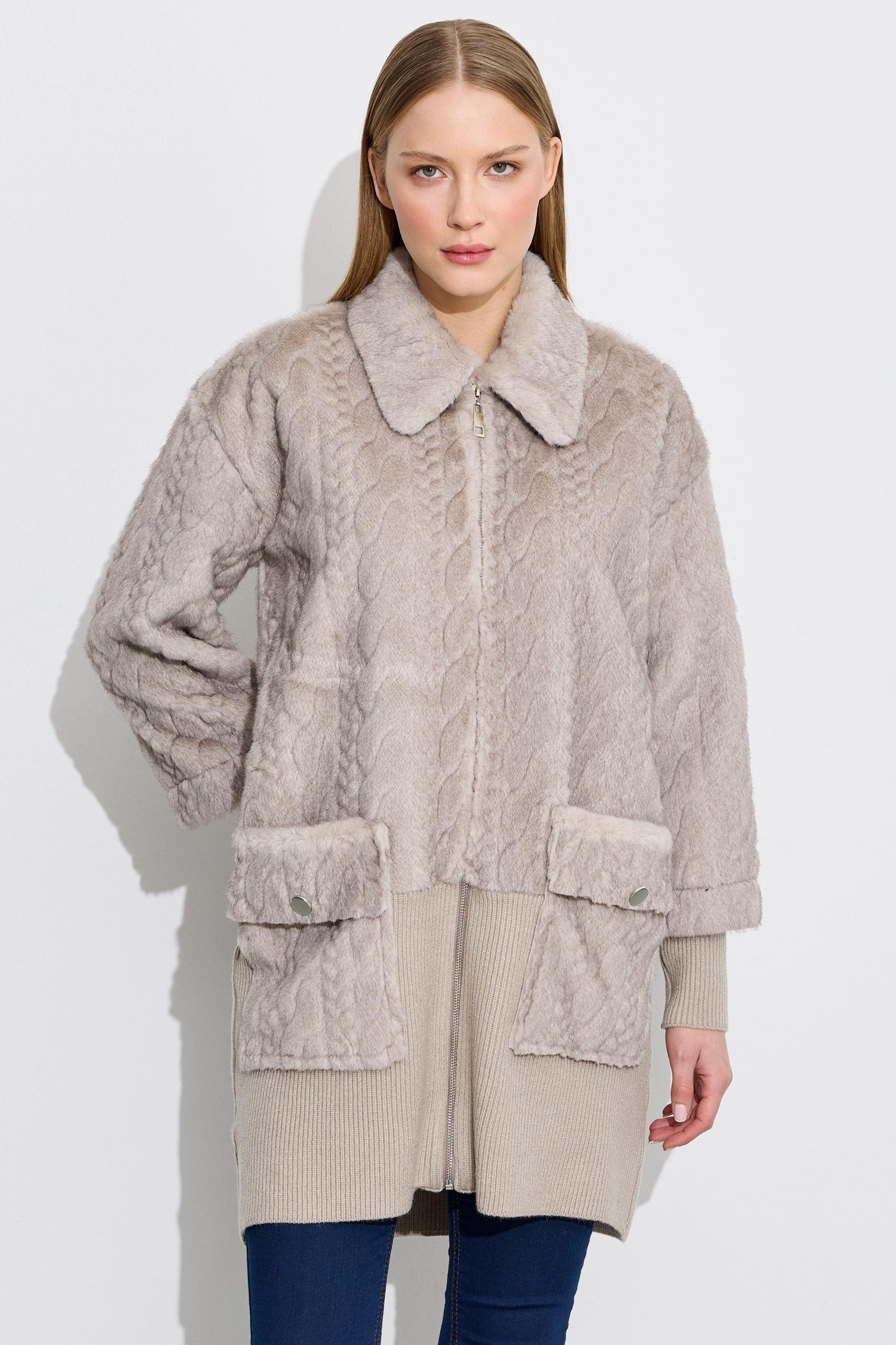 Triko Ve Saç Örgü Kombinli Kaban VİZON