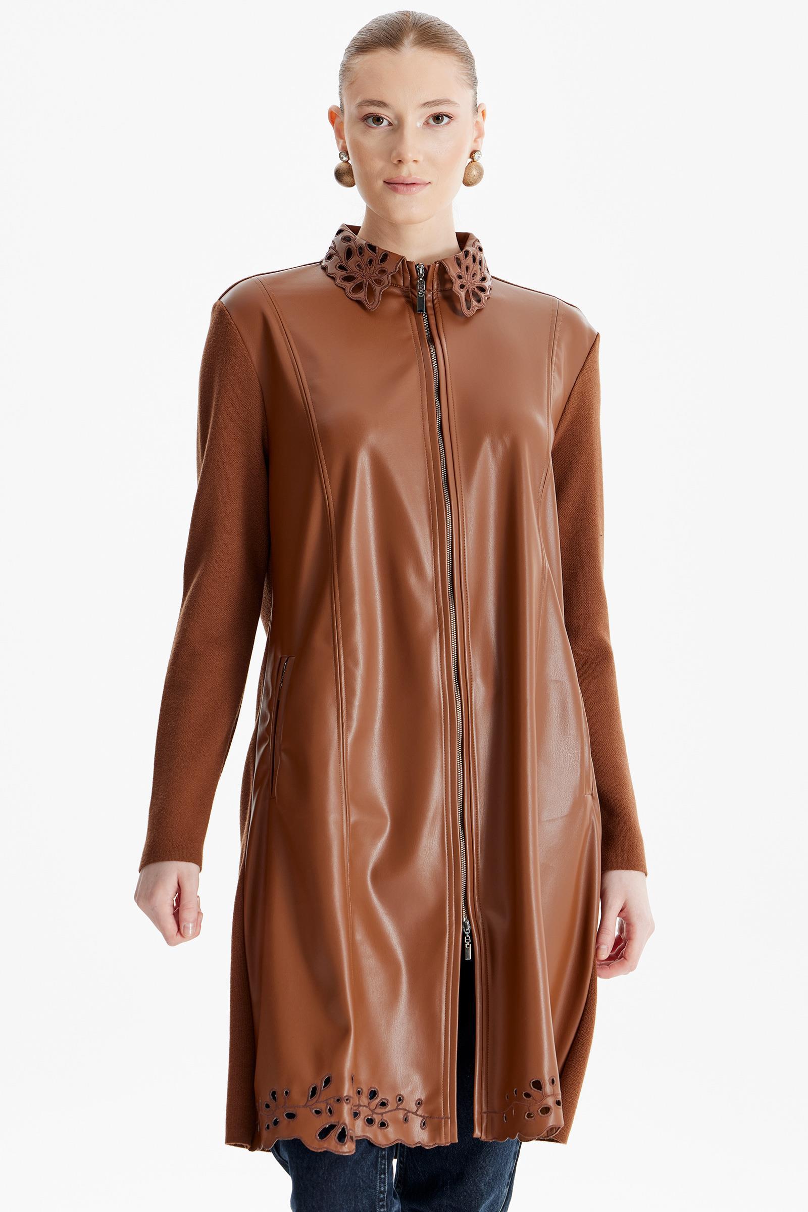 Yaka Ve Etek Ucu Nakışlı Deri Hırka KAHVE